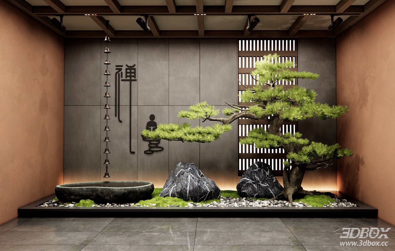 New Chinese Style Zen Indoor Landscape Scene 3D model - front view