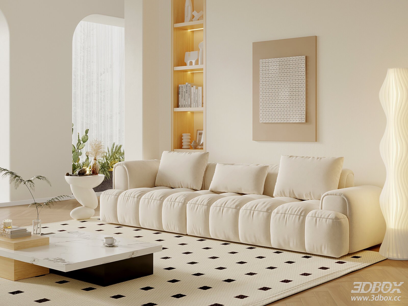 Modern Cream Style Straight Row Fabric Sofa Set 3D model - front view