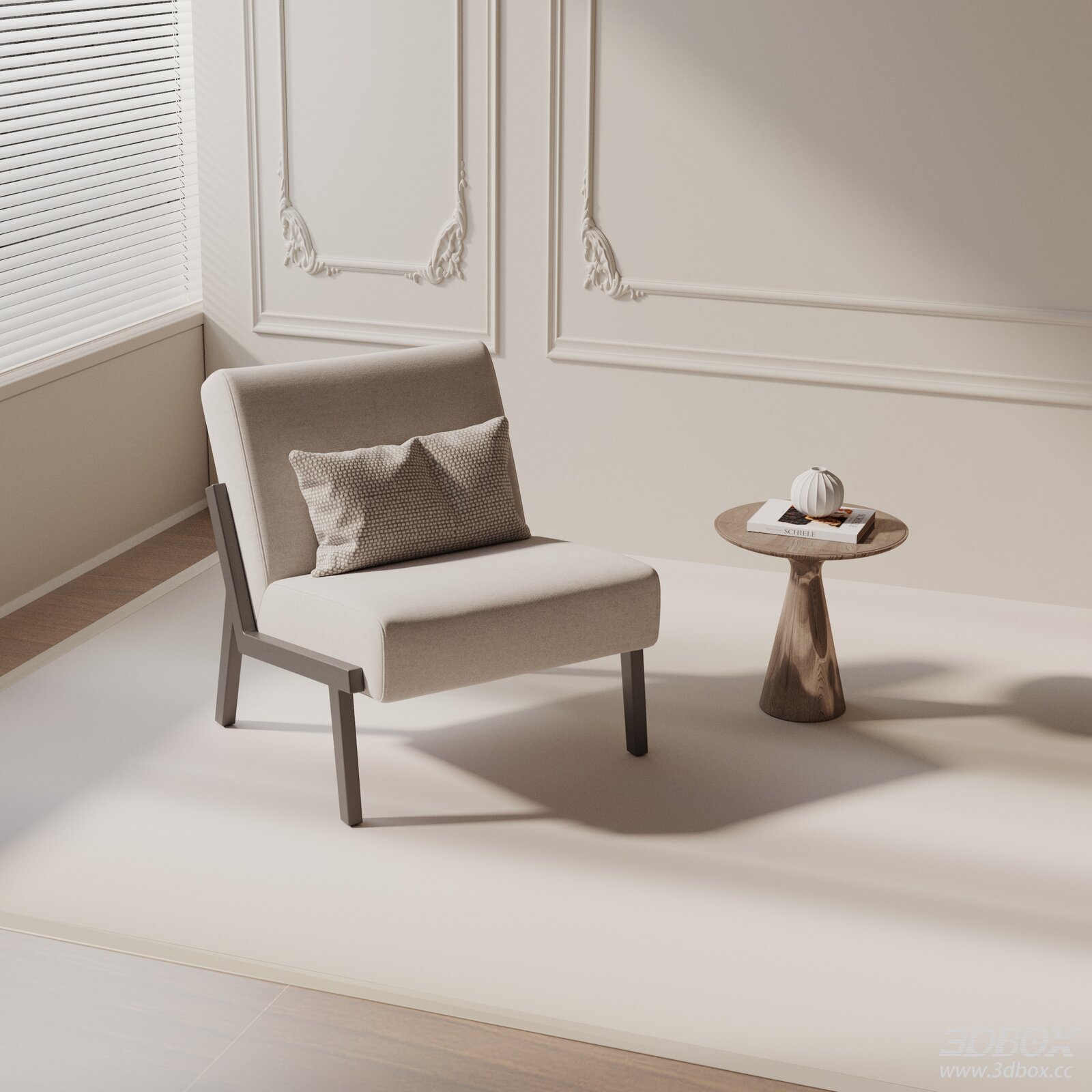 Modern Fabric Upholstered Armchair with Wooden Side Table 3D model - front view