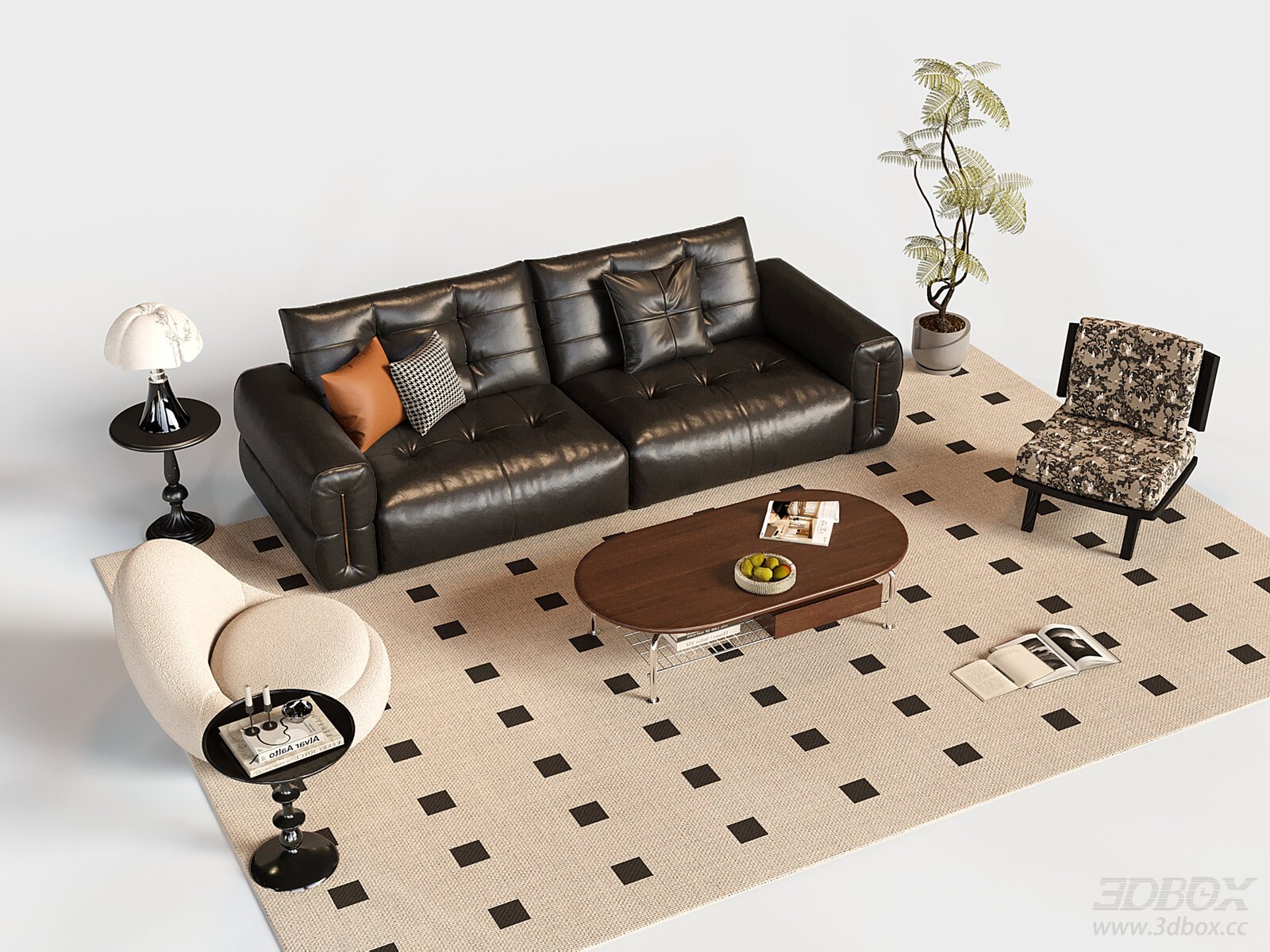 French Retro Leather Sofa Set with Coffee Table and Armchairs 3D model - front view
