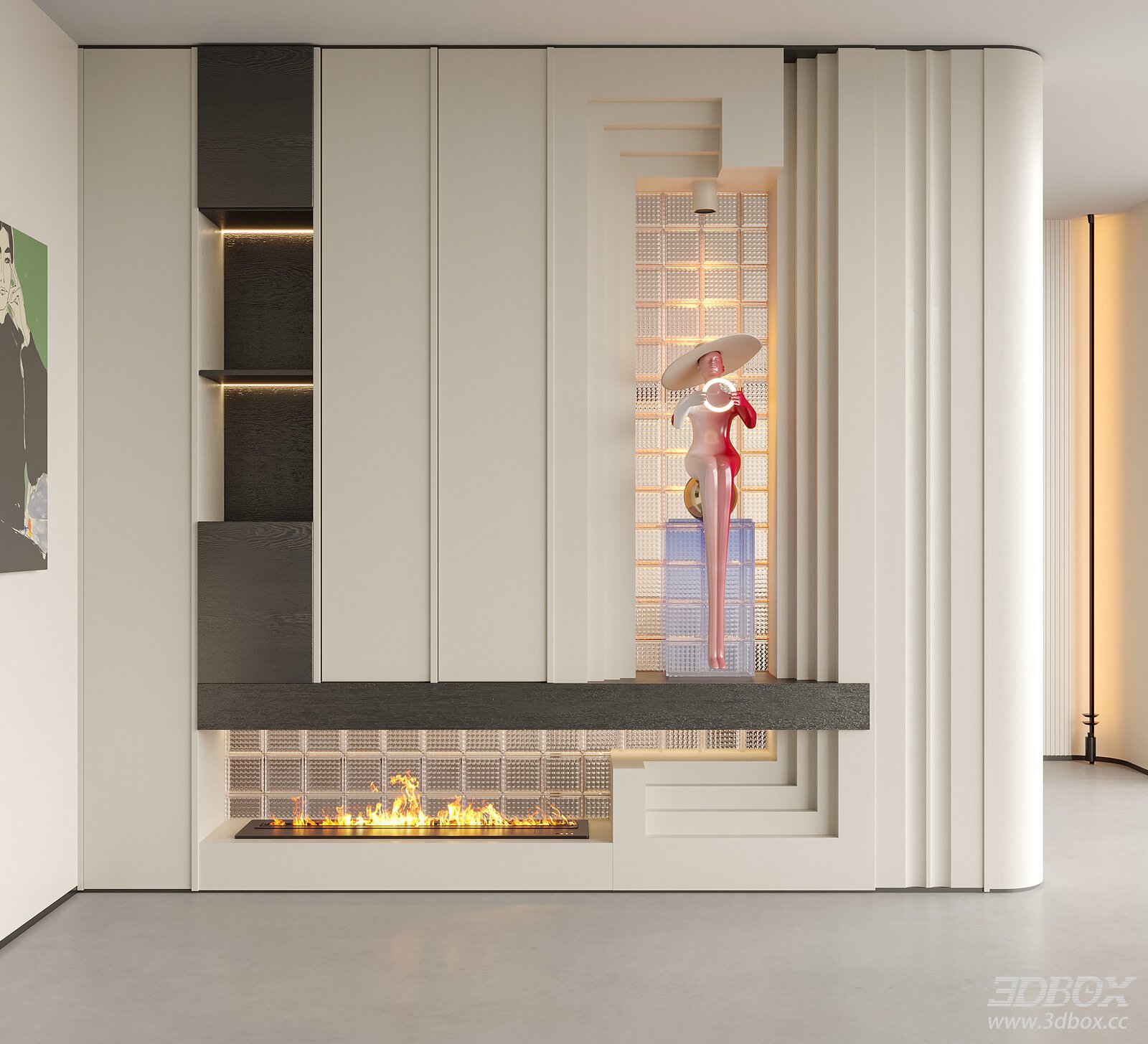 Modern Minimalist Entry Hallway with Decor Sculpture and Bio Fireplace 3D model - front view