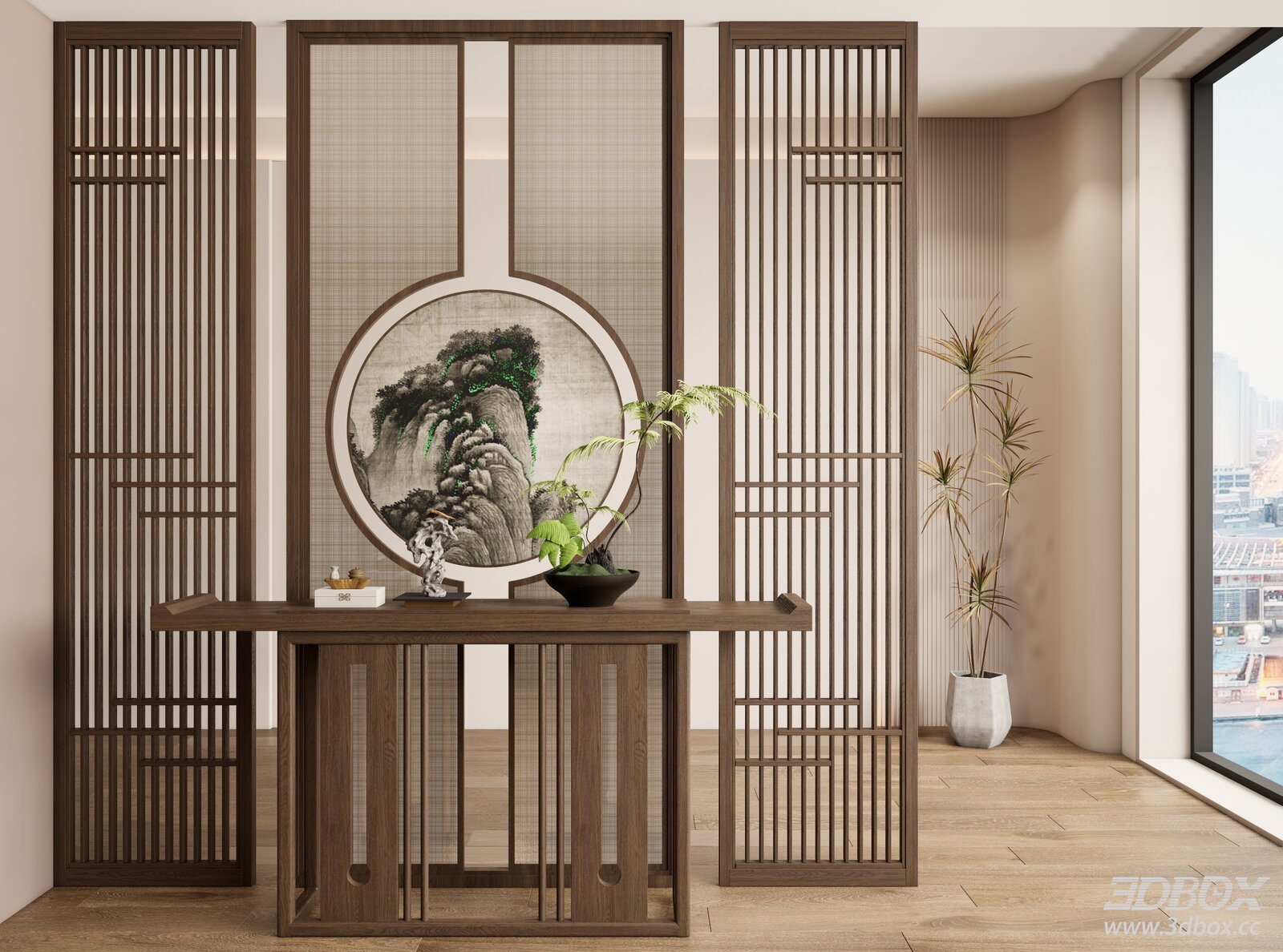 New Chinese Style Wooden Decorative Screen Entryway Set 3D model - front view