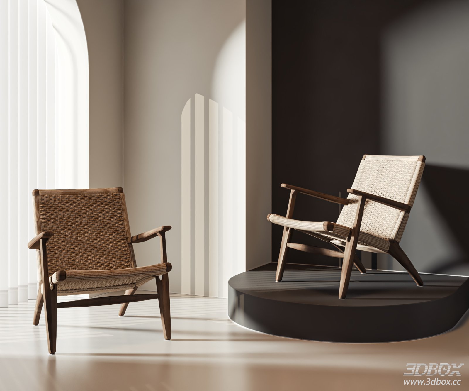 Mid Century Woven Rattan Wooden Armchair 3D model - thumbnail 1