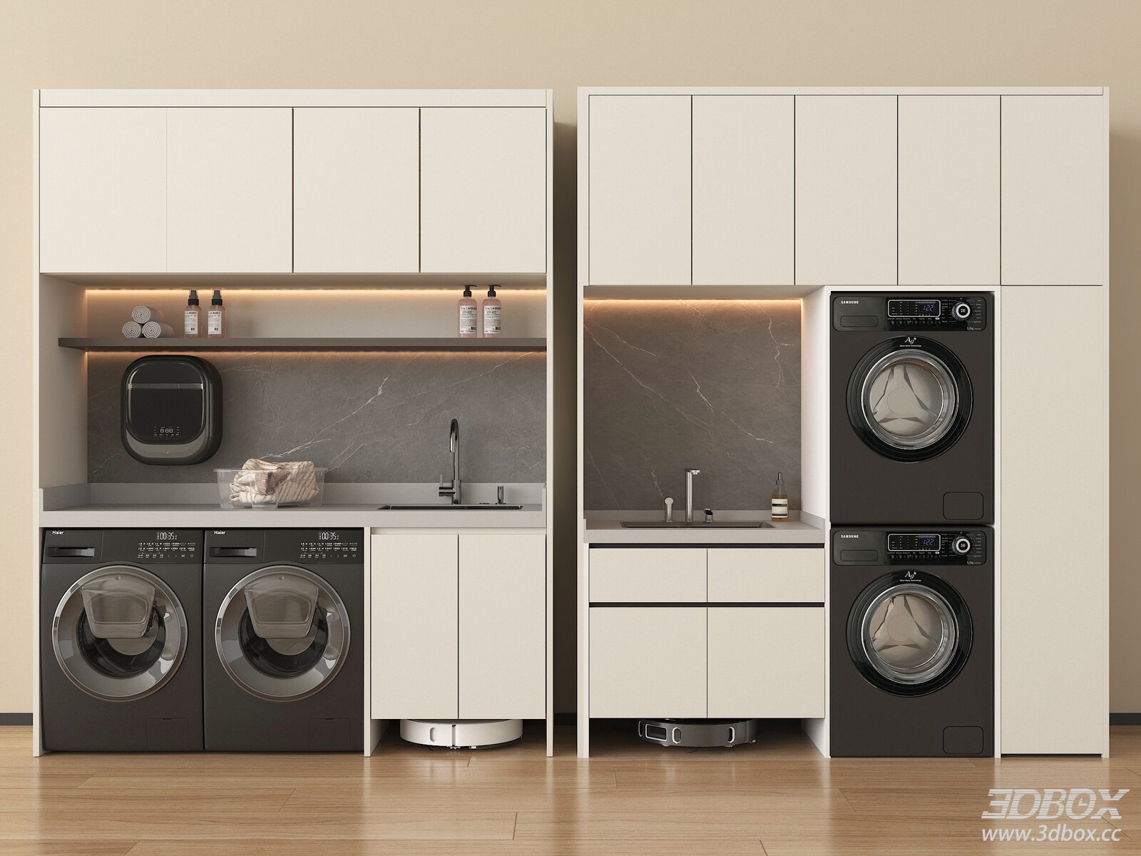 Modern Laundry Cabinet Set with Washing Machine and Dryer 3D model - front view