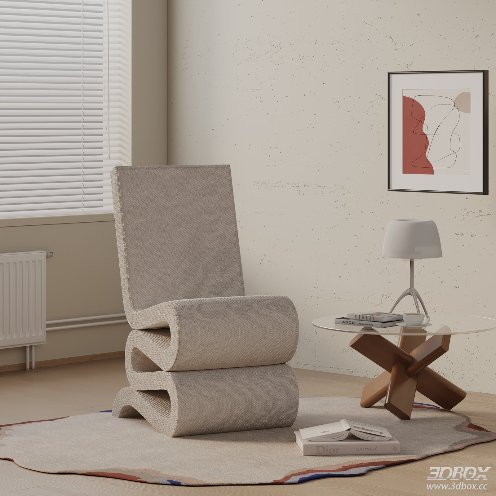 Modern Fabric Wavy Armchair Minimalist Lounge Chair 3D model - front view