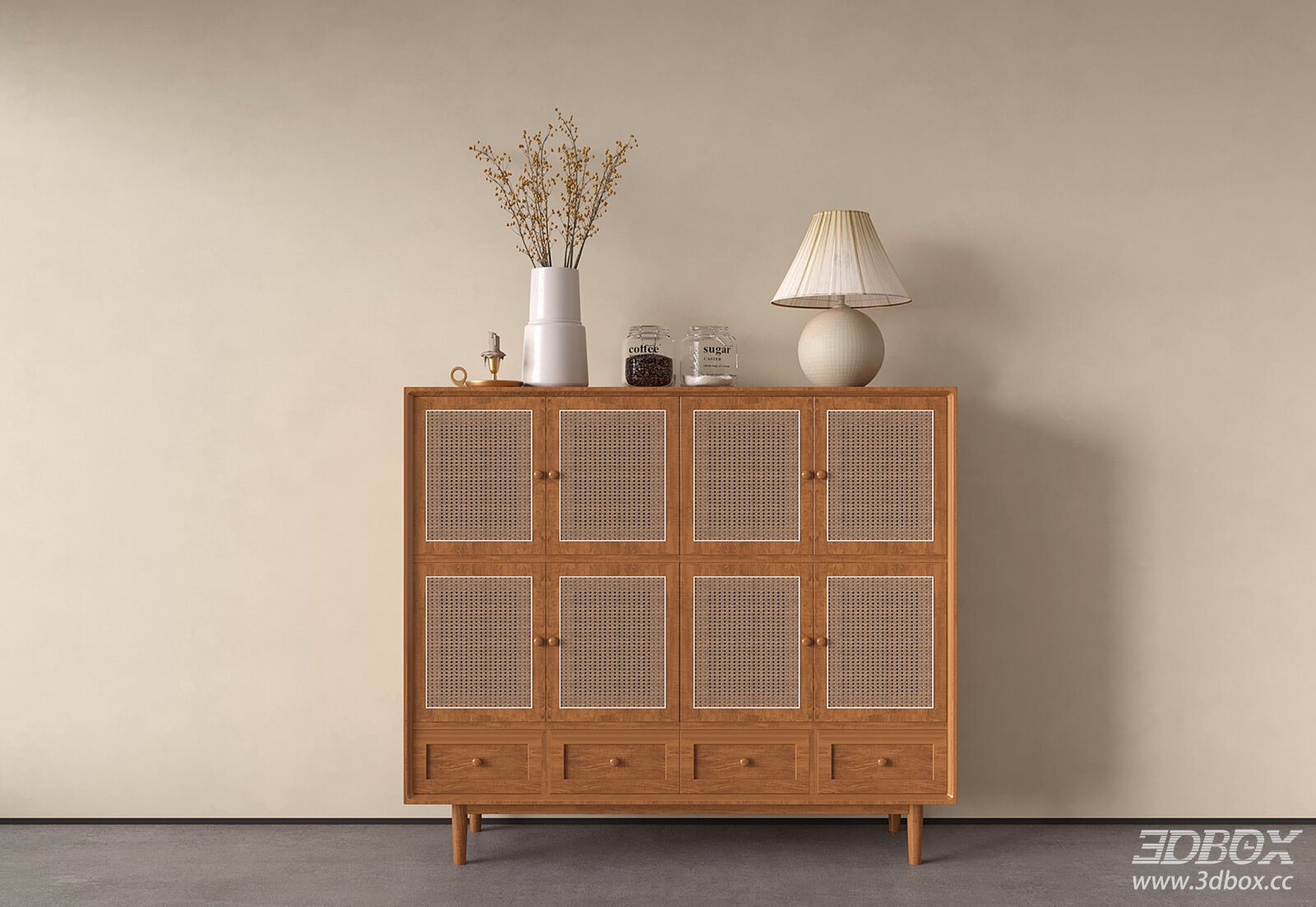 Wabi Sabi Mid Century Rattan Wooden Sideboard Storage Cabinet 3D model - front view