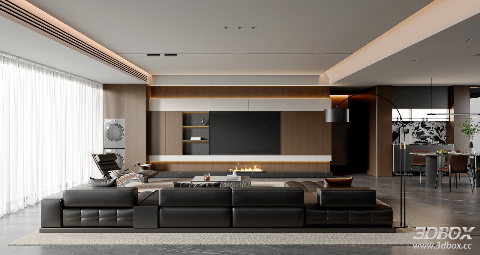 Modern Italian Style Living and Dining Room Interior 3D model - front view
