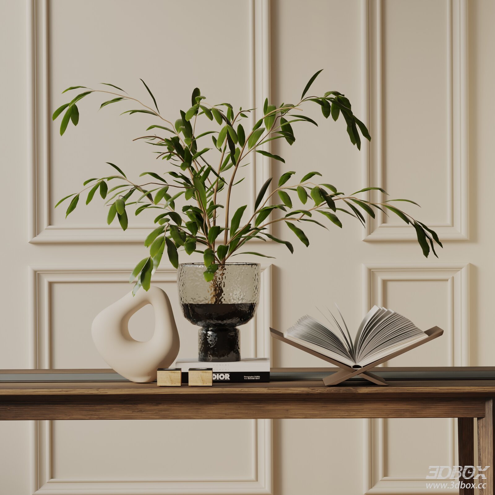 Modern Decorative Set with Vase Plant and Book Ornaments 3D model - front view