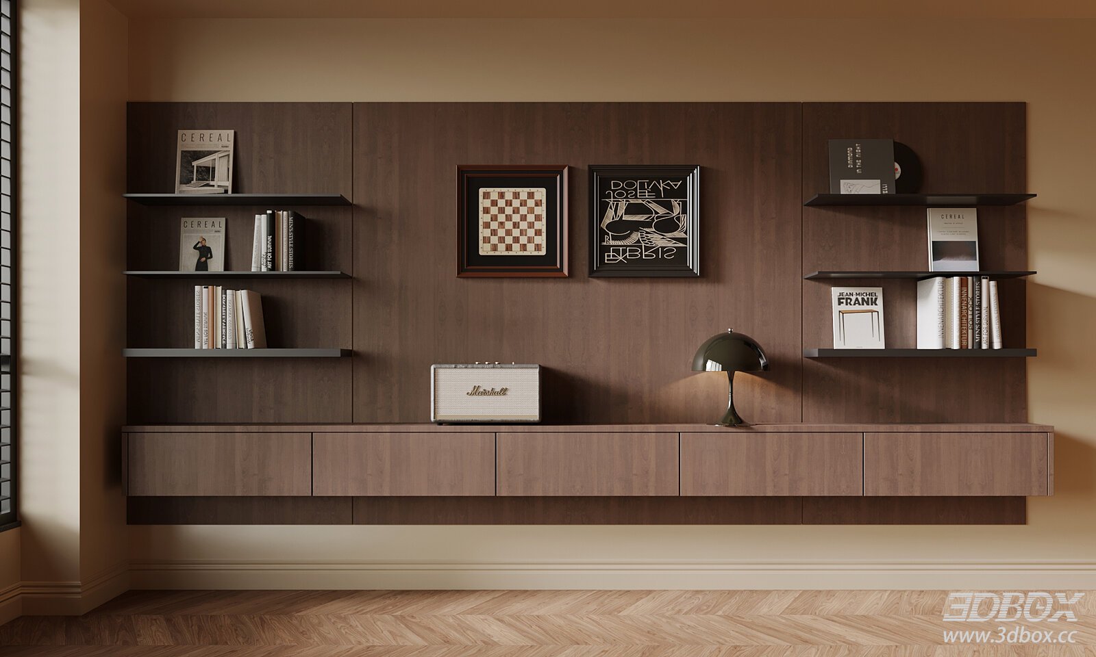Modern Mid-Century Style Wall Mounted Shelf Cabinet Set 3D model - front view