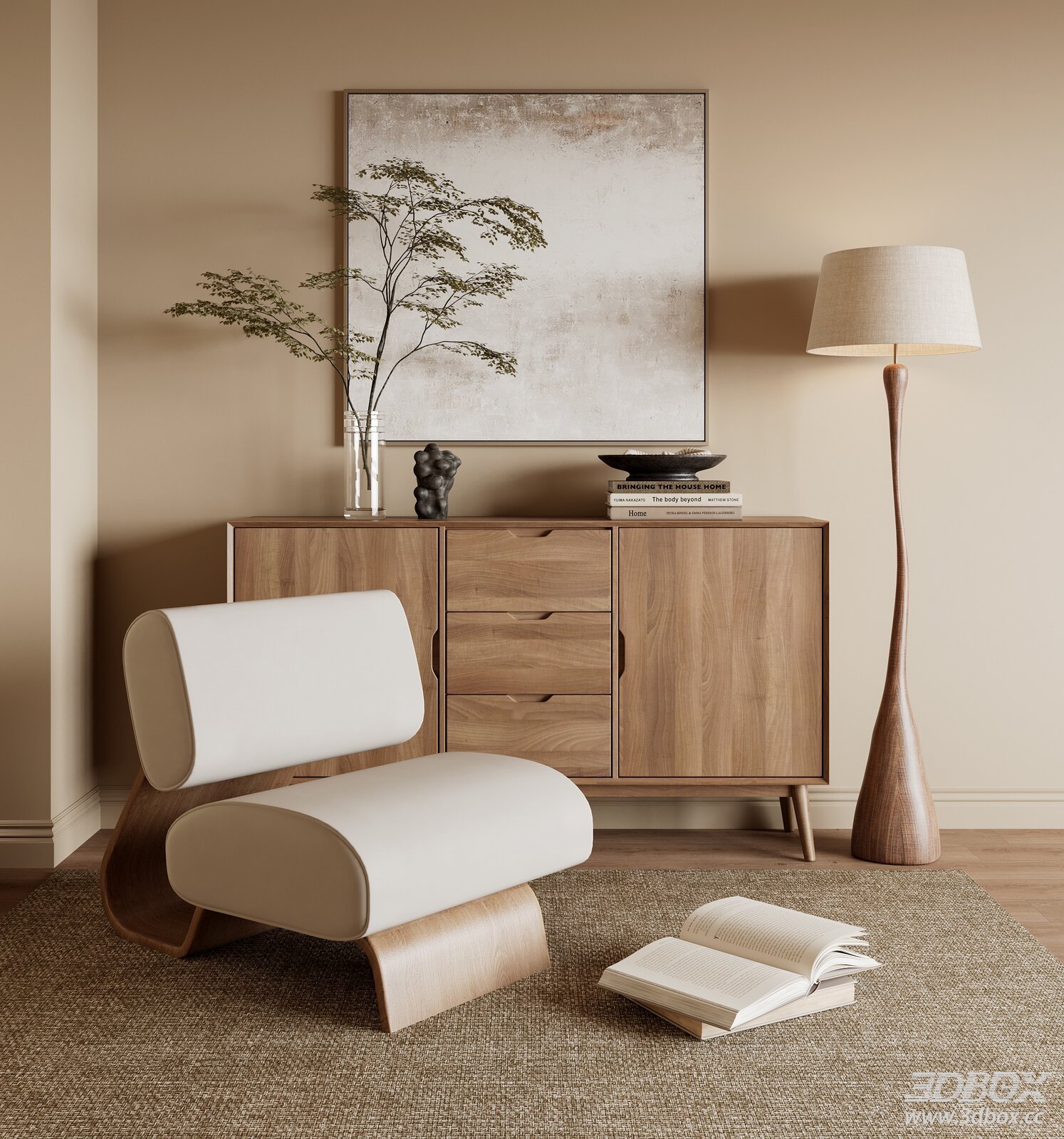 Wabi Sabi Walnut Wood Sideboard with Armchair Scene 3D model - front view