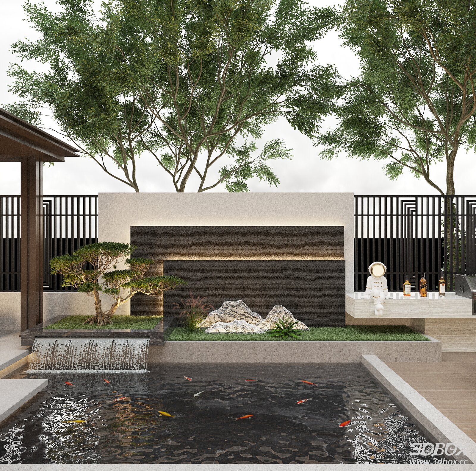 Modern New Chinese Courtyard with Water Feature Koi Pond 3D model - front view