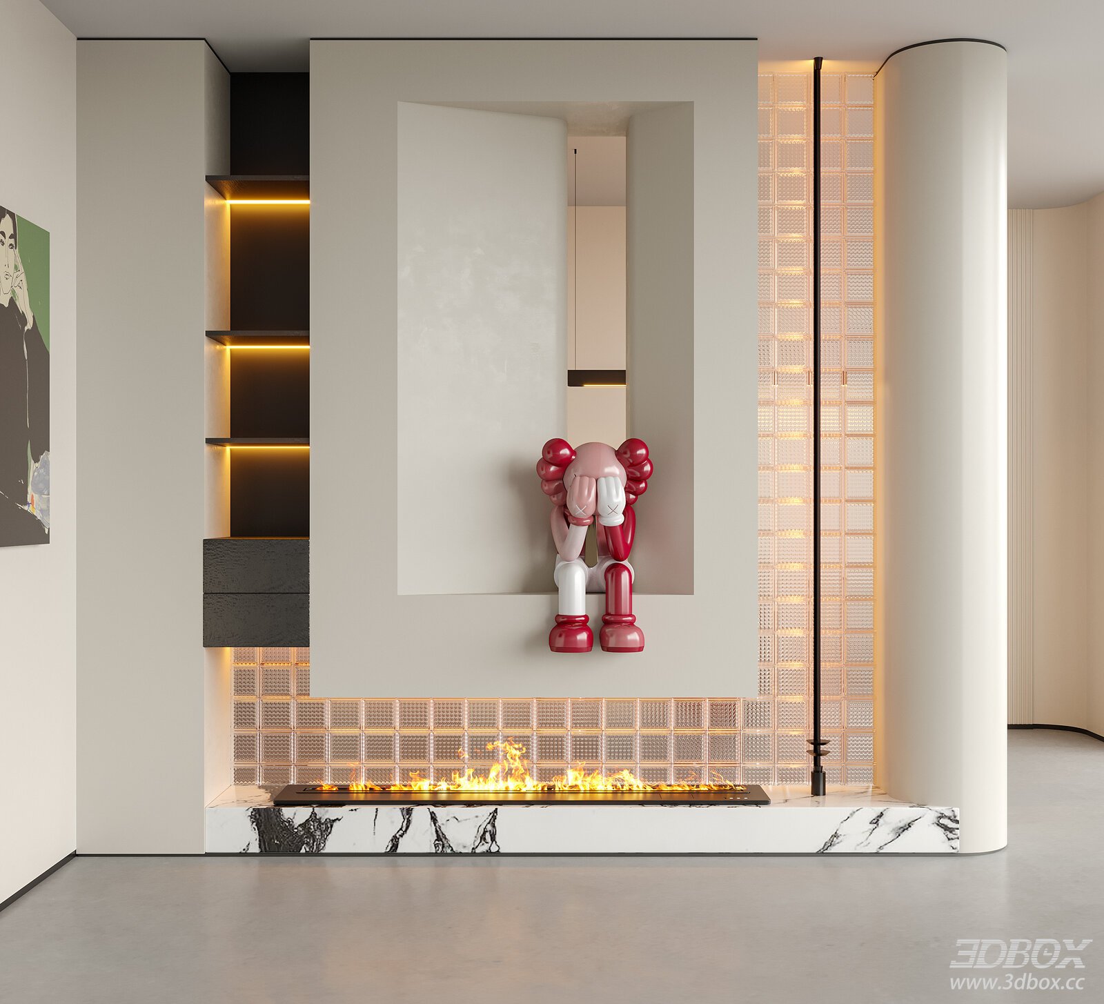 Modern Minimalist Entry Hallway with Decor Sculpture and Electric Fireplace 3D model - front view