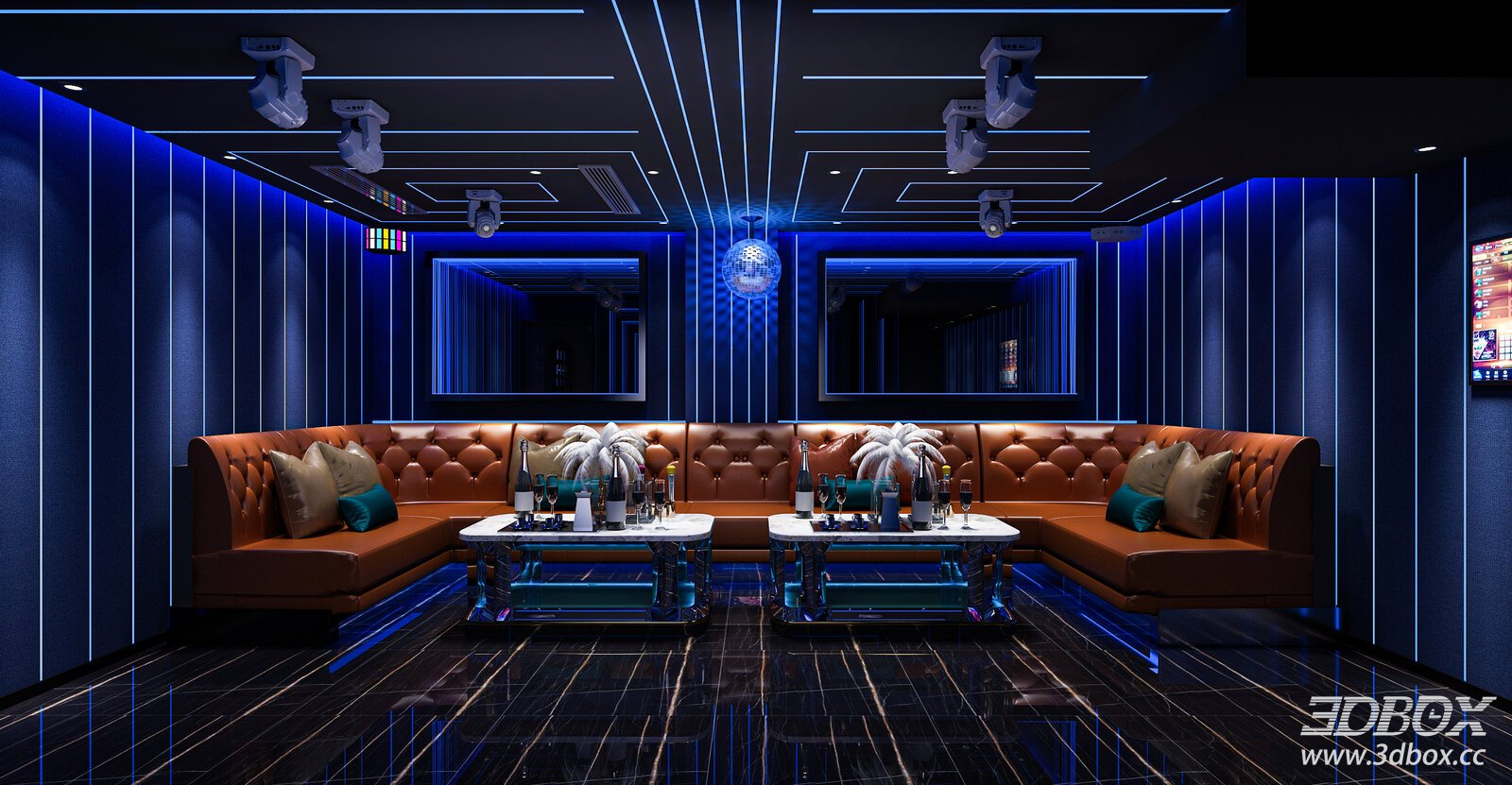 Modern KTV Karaoke Room with Neon Lighting and Booth Sofa 3D model - front view