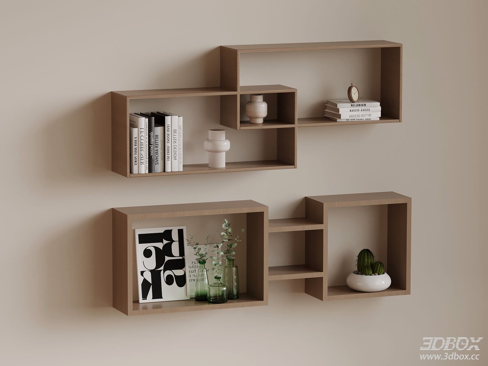 Modern Wooden Wall Mounted Bookshelf Display Rack 3D model - front view
