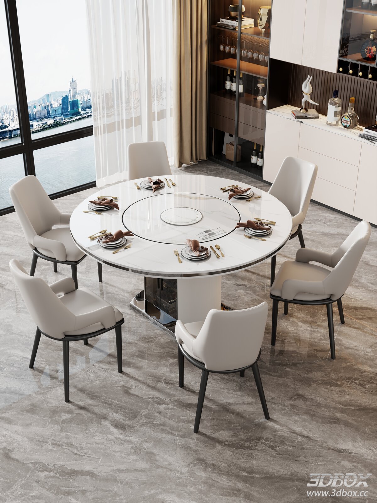 Modern Round Sintered Stone Dining Table and Chairs Set 3D model - front view