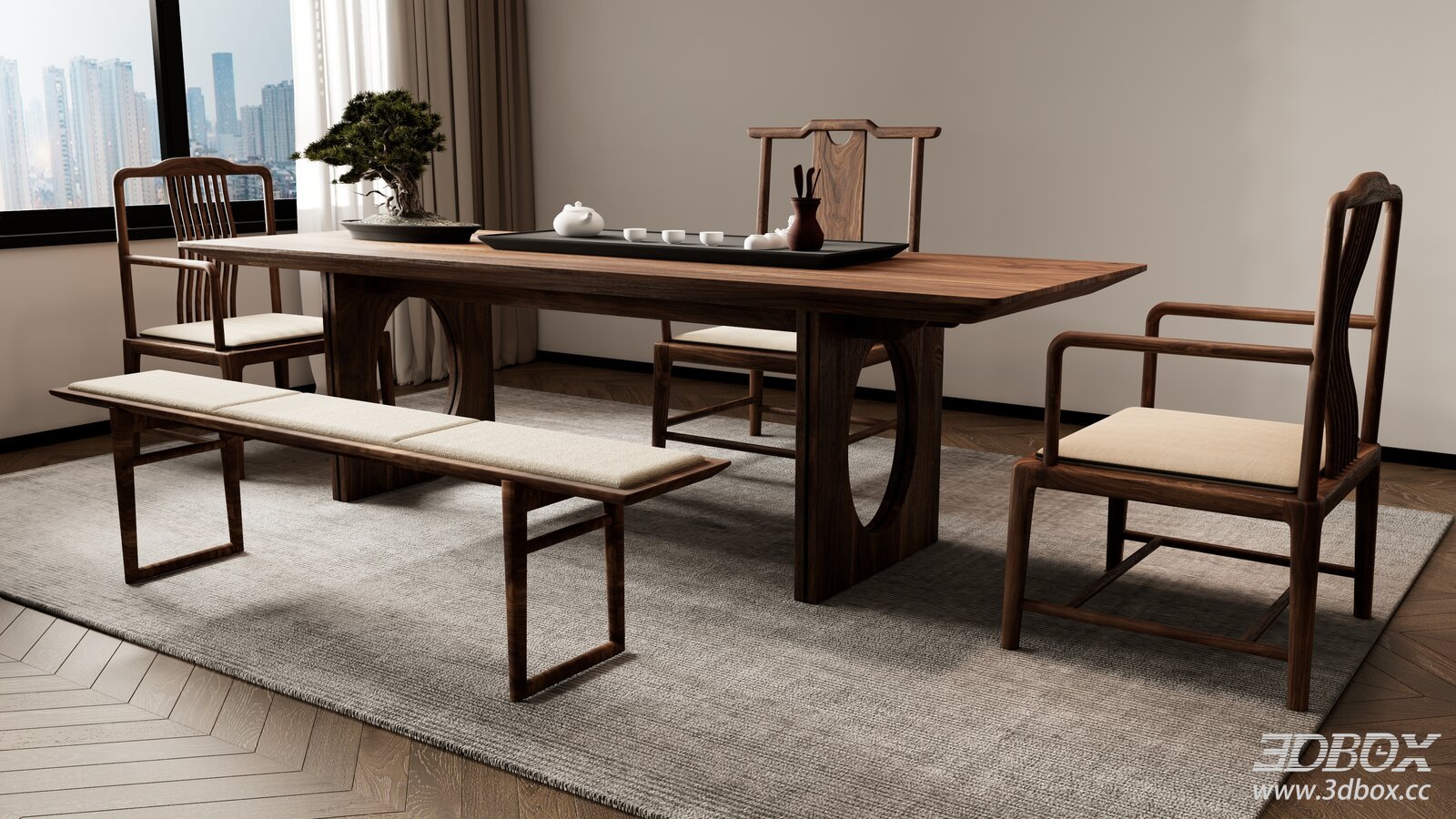 New Chinese Style Tea Table Chair Set Tea Room Furniture 3D model - front view