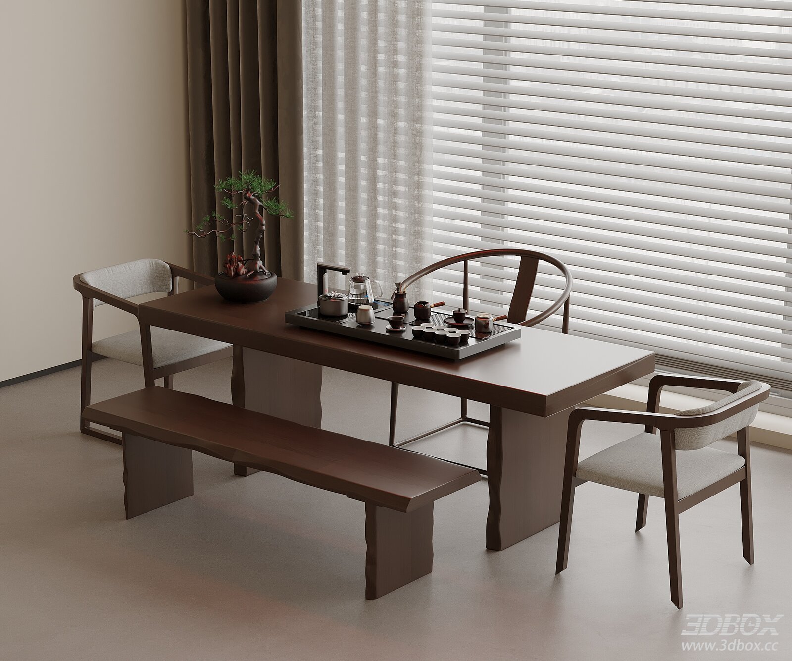 New Chinese Style Tea Table and Chairs Set 3D model - front view