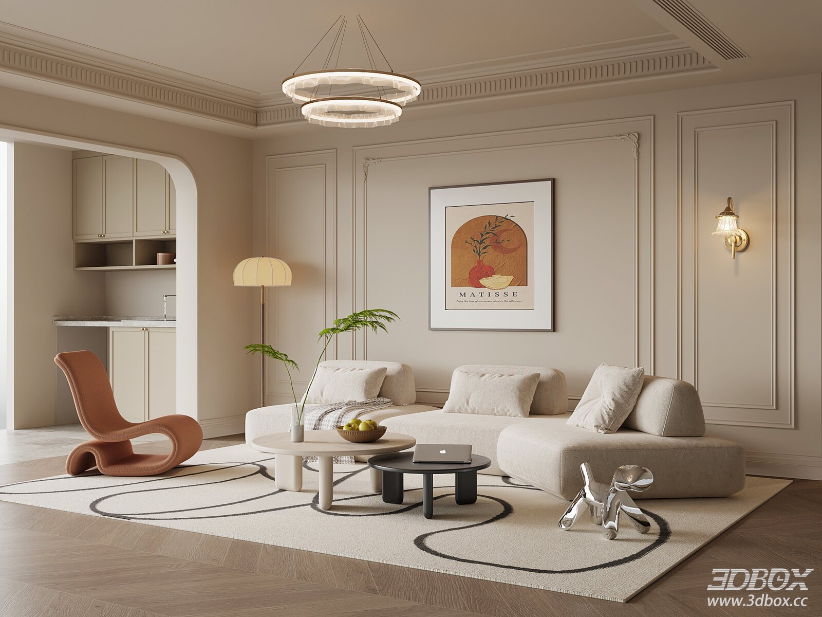 Cream Style Modern Living Room Interior Scene 3D model - front view