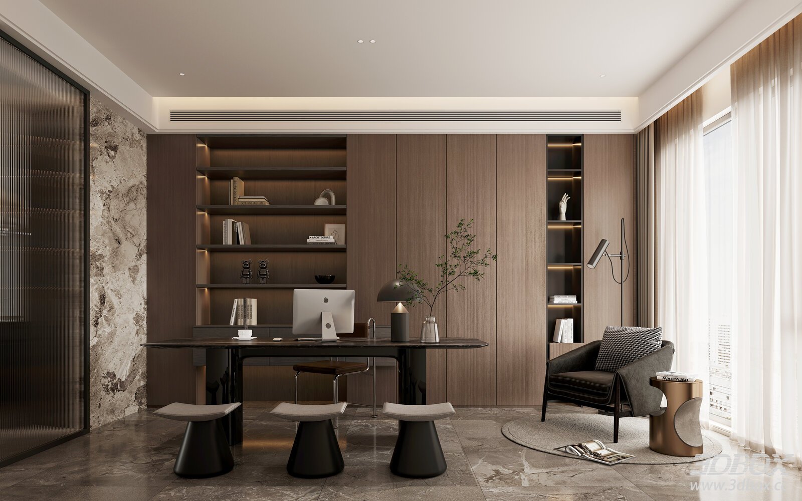Modern Italian Style Home Office Study Room 3D model - front view
