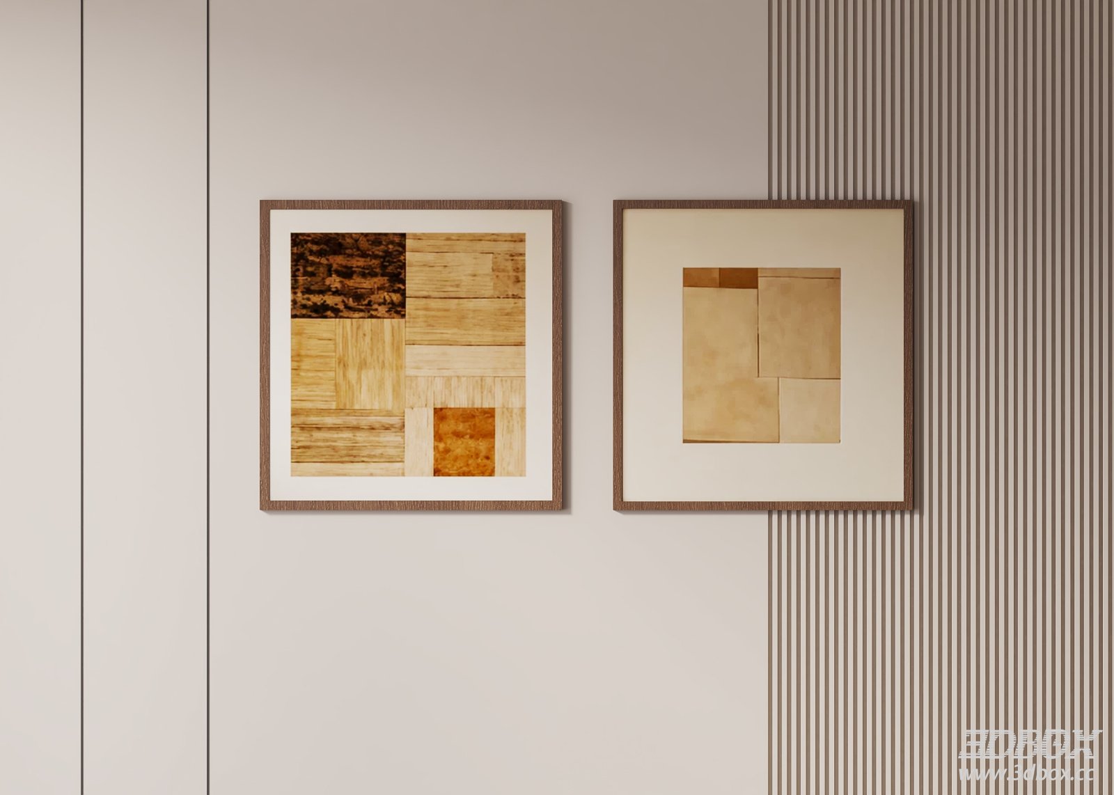 Mid Century Wabi Sabi Wooden Framed Wall Art Set 3D model - front view