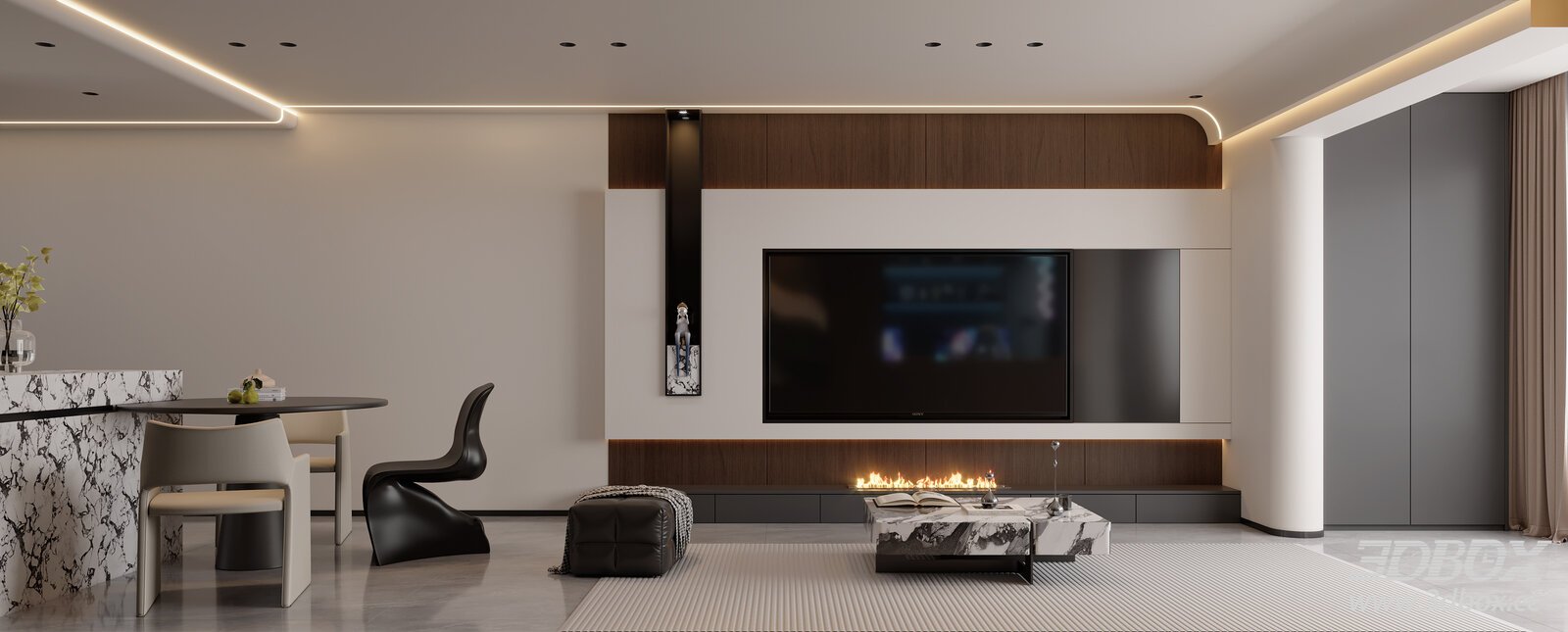 Modern Italian Luxury Living Room with Dining Area 3D model - front view