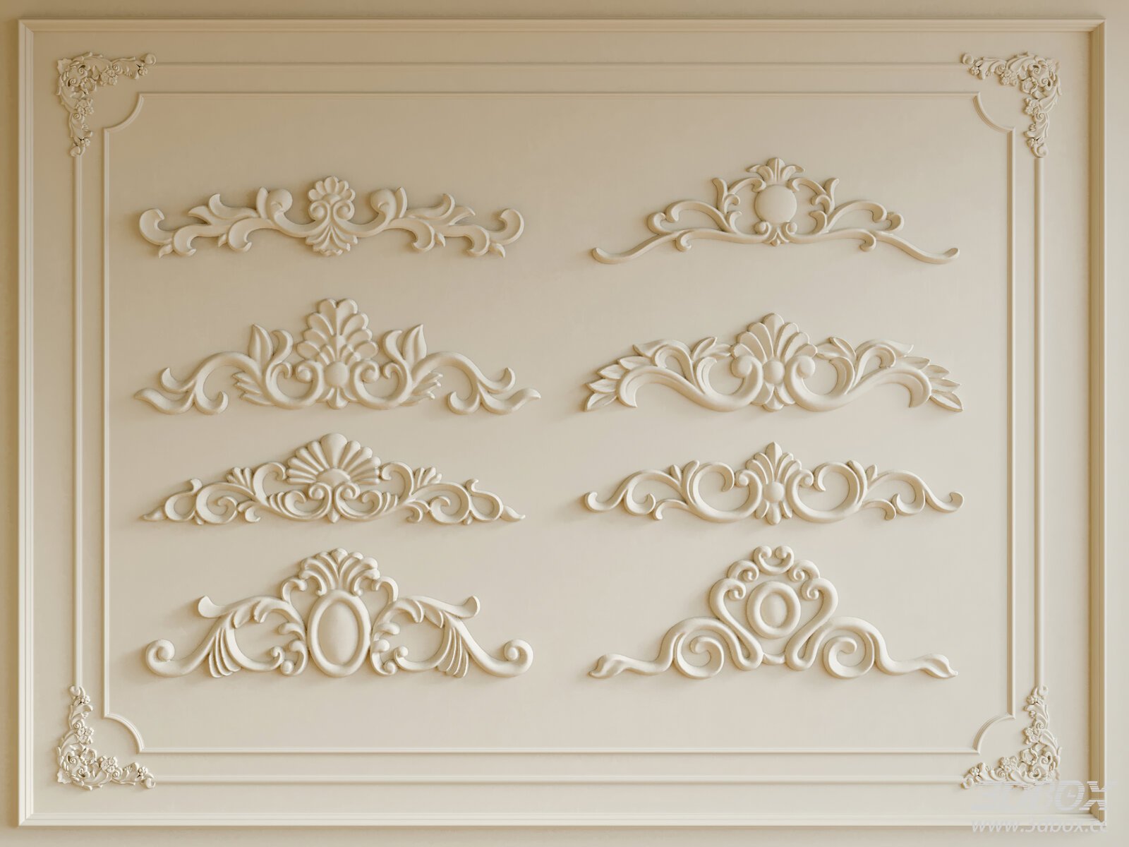French Style Decorative Gypsum Plaster Carving Set 3D model - front view