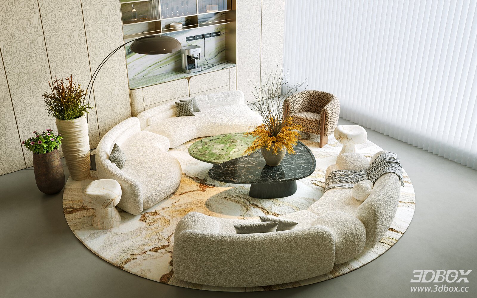 Modern Italian Style Curved Sofa Living Room Set 3D model - front view