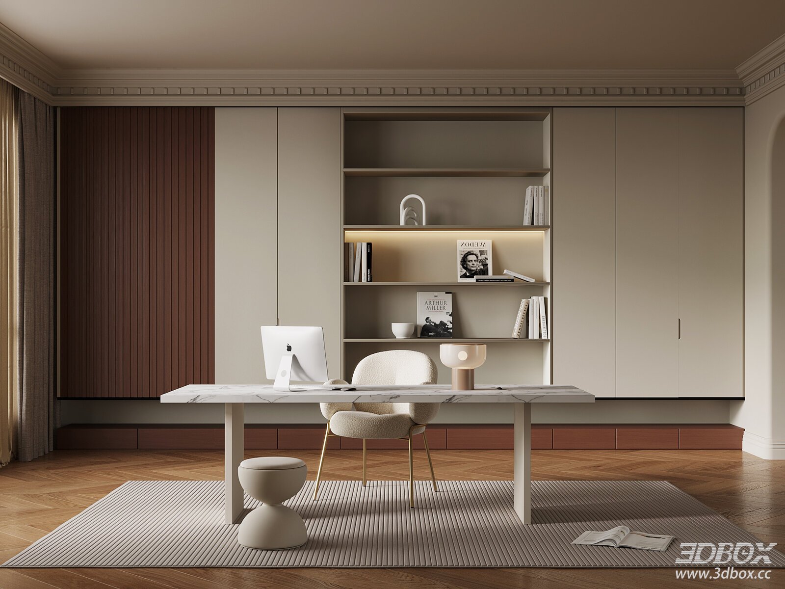 Modern Cream Style Home Office Work Room Interior 3D model - front view