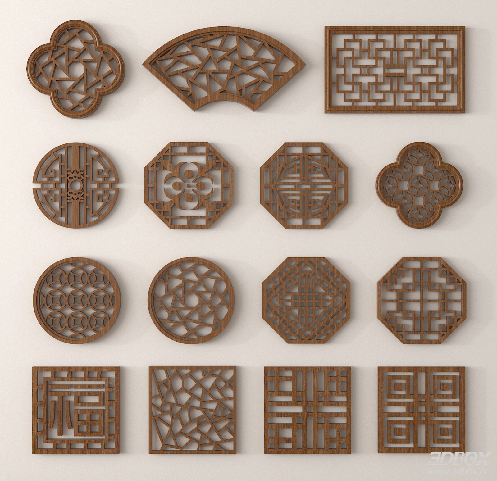 Chinese Traditional Wooden Lattice Window Set 3D model - front view