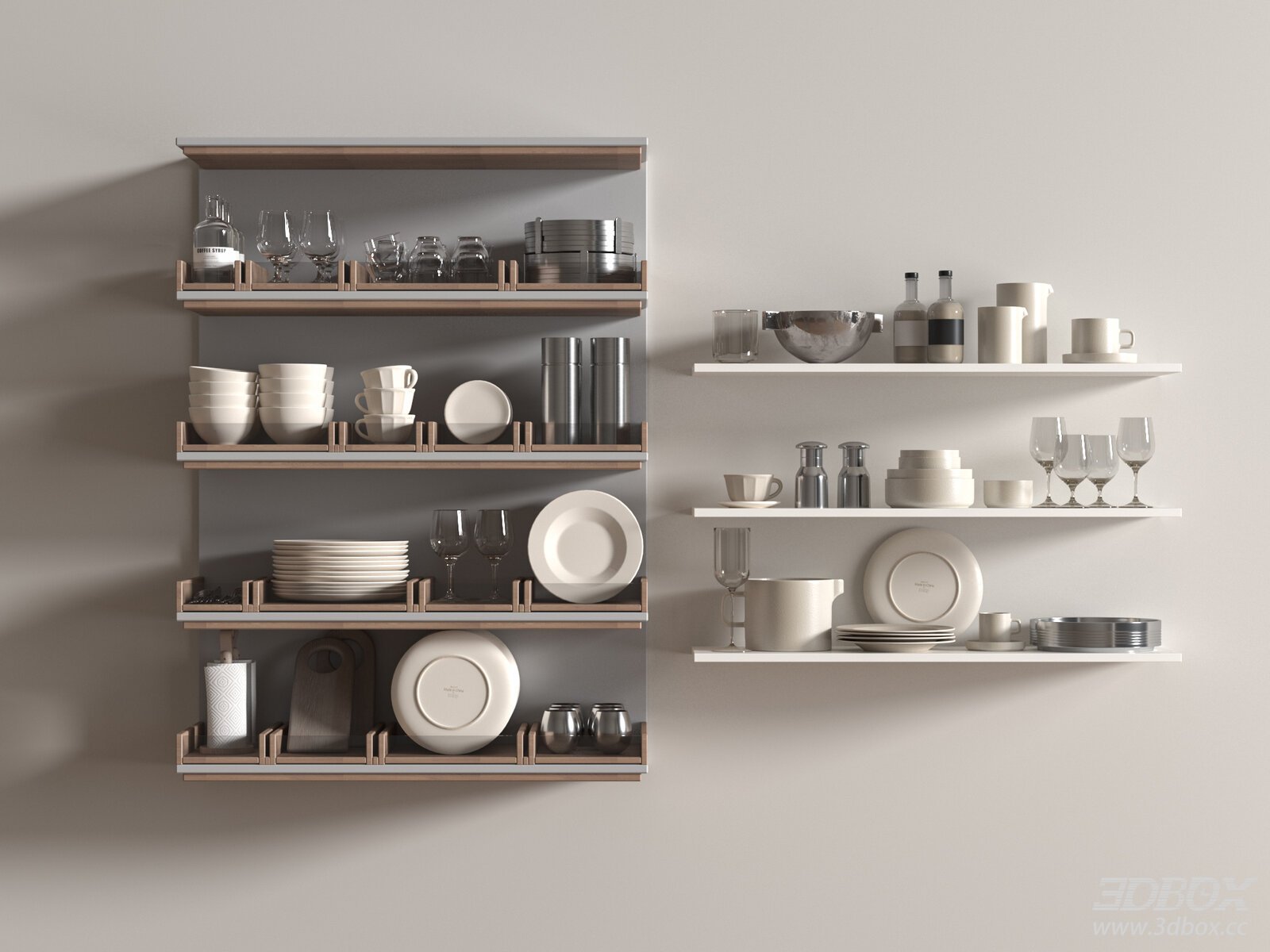 Modern Kitchen Tableware Set with Wall Shelves 3D model - front view