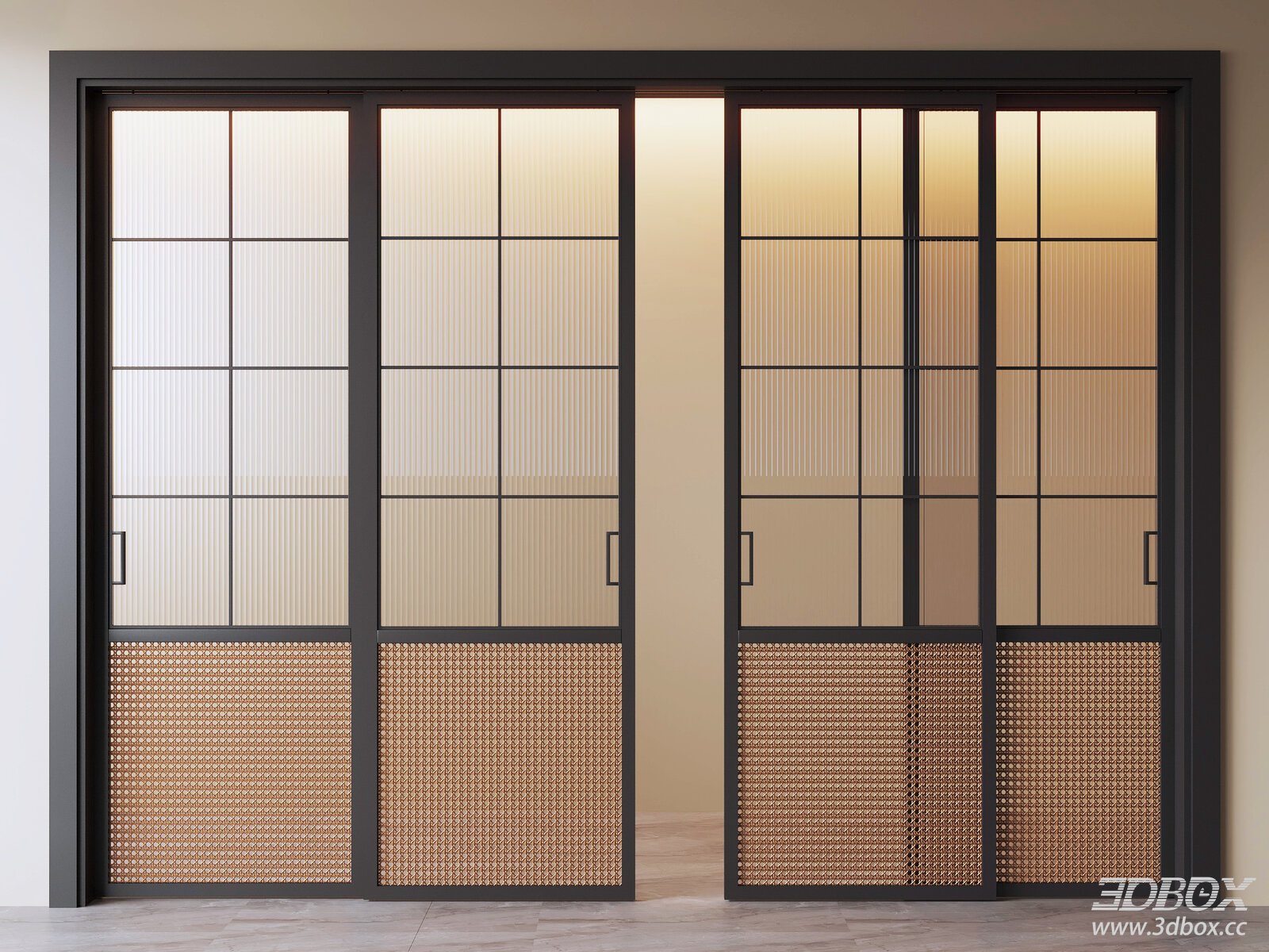 Mid Century Rattan Fluted Glass Sliding Door 3D model - thumbnail 1