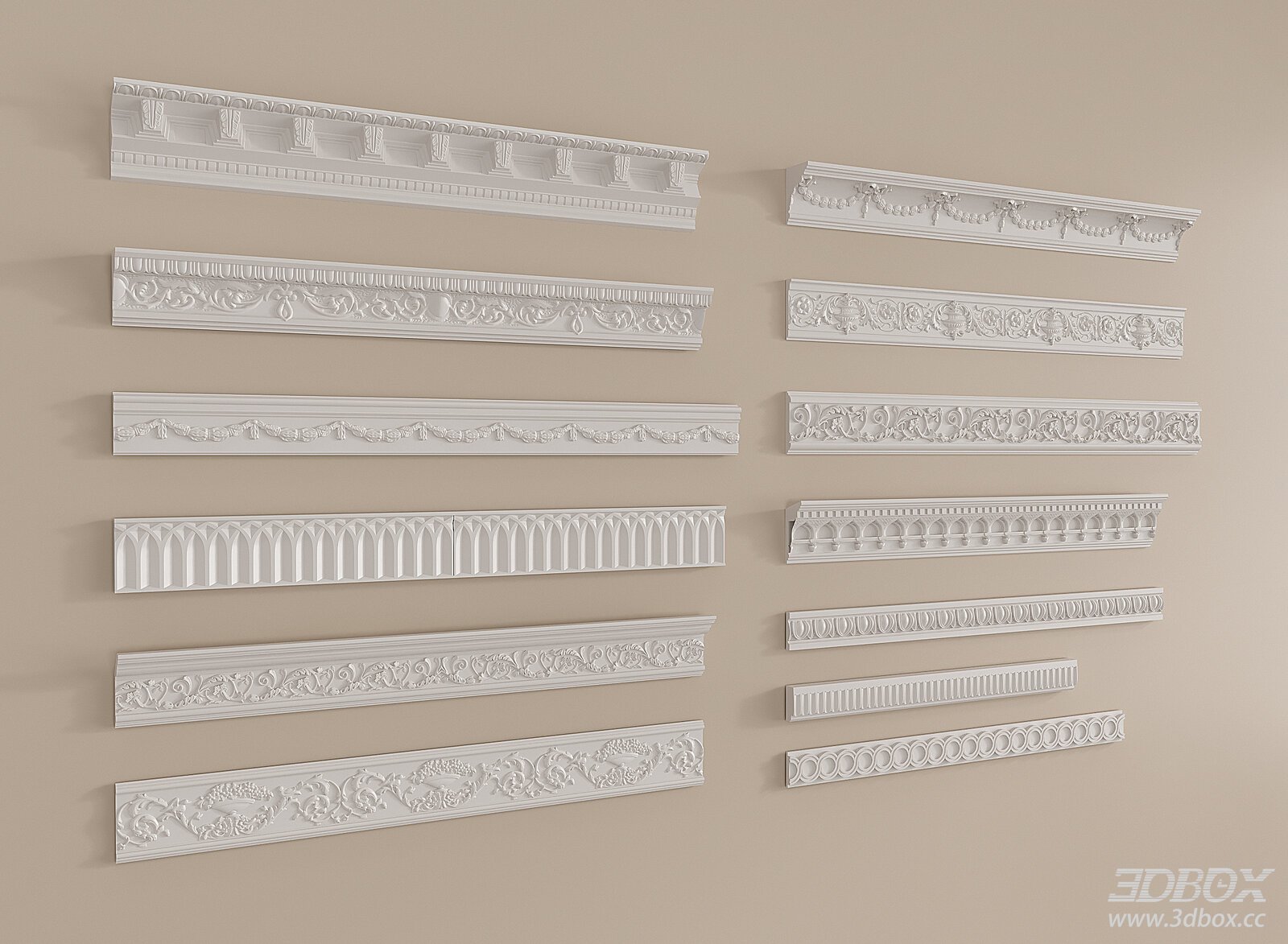 Decorative Carved Gypsum Cornice Molding Set 3D model - front view