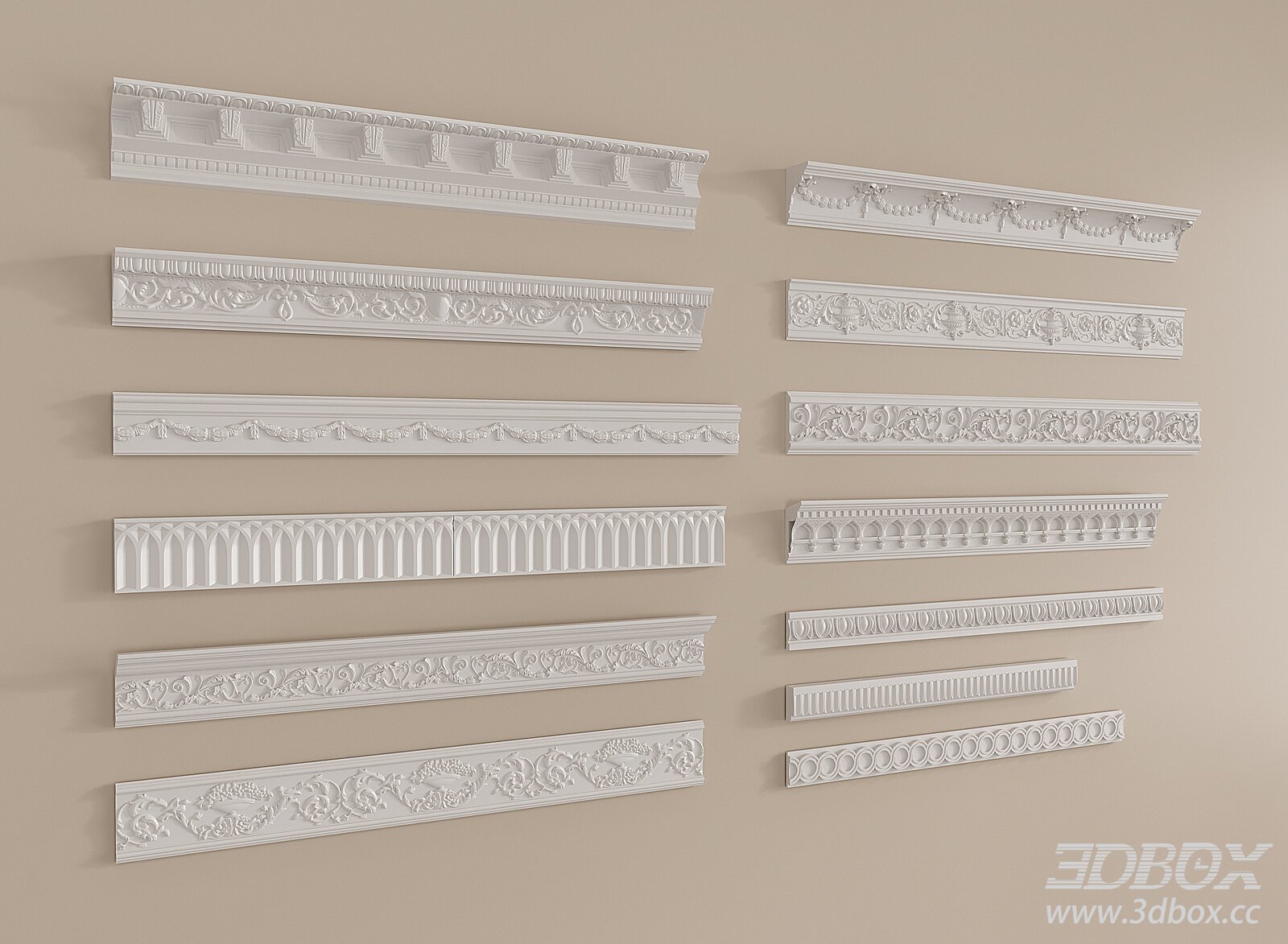 Decorative Carved Gypsum Cornice Molding Set 3D model - thumbnail 1