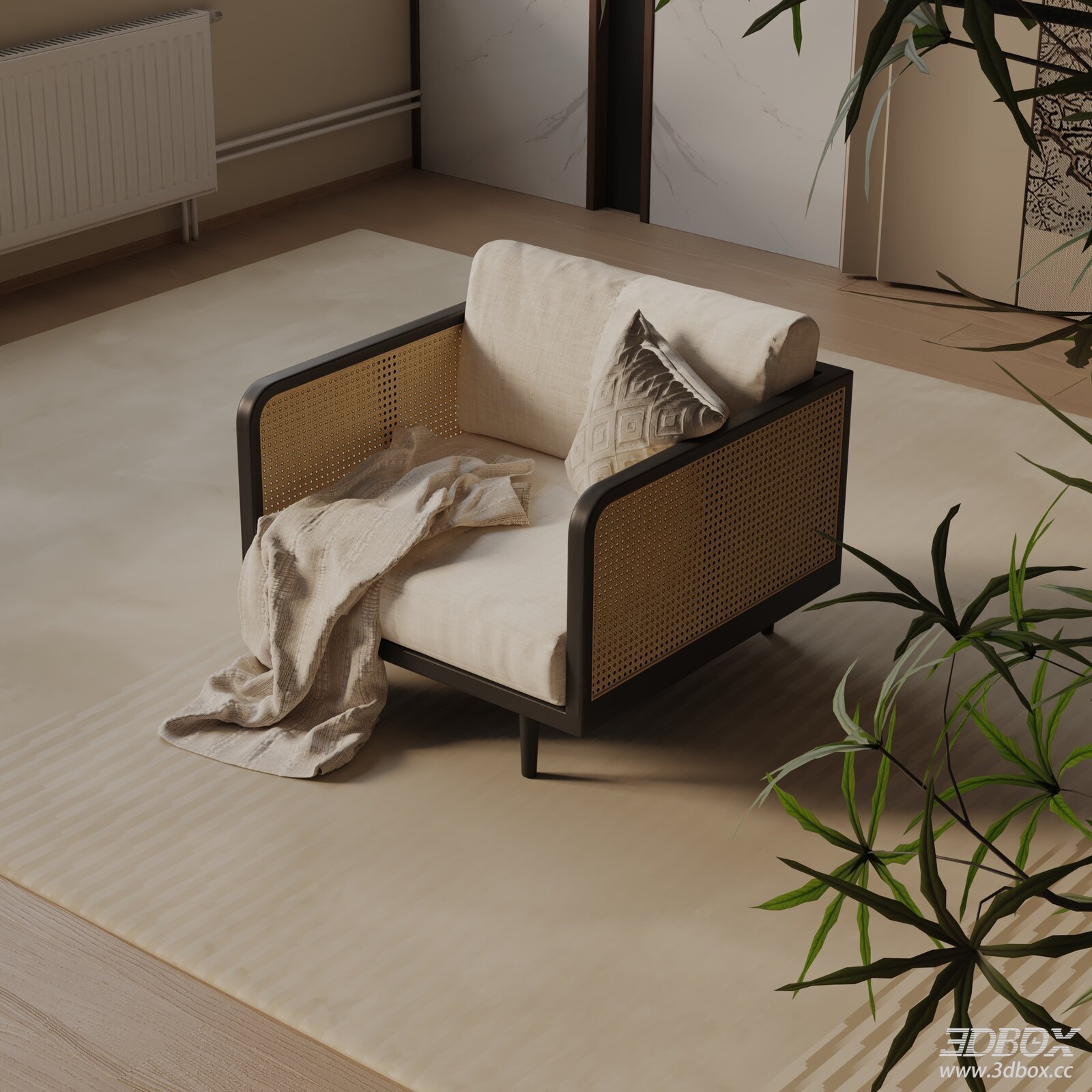 Modern Rattan Armchair with Fabric Cushion and Throw Pillow 3D model - front view