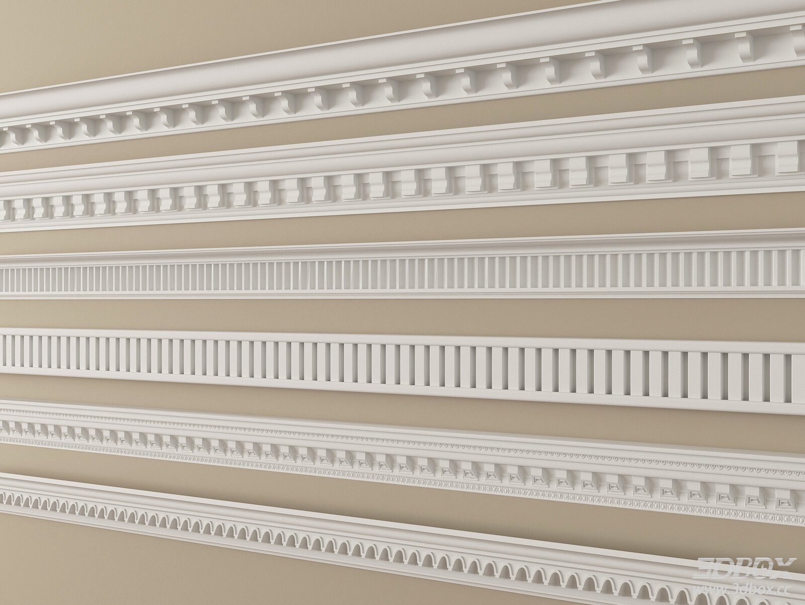 Neoclassical Decorative Gypsum Plaster Cornice Molding Set 3D model - front view