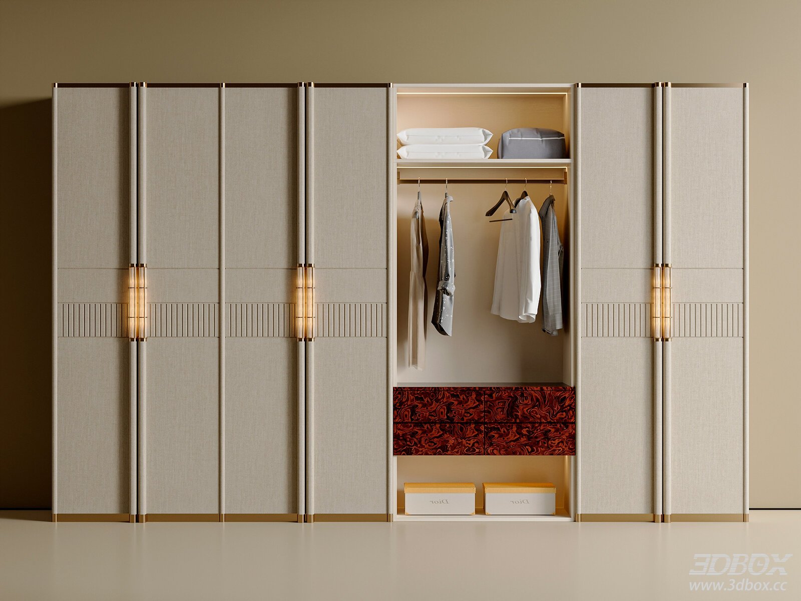Luxury Modern Fabric Wardrobe with Storage and Built-in Light 3D model - front view