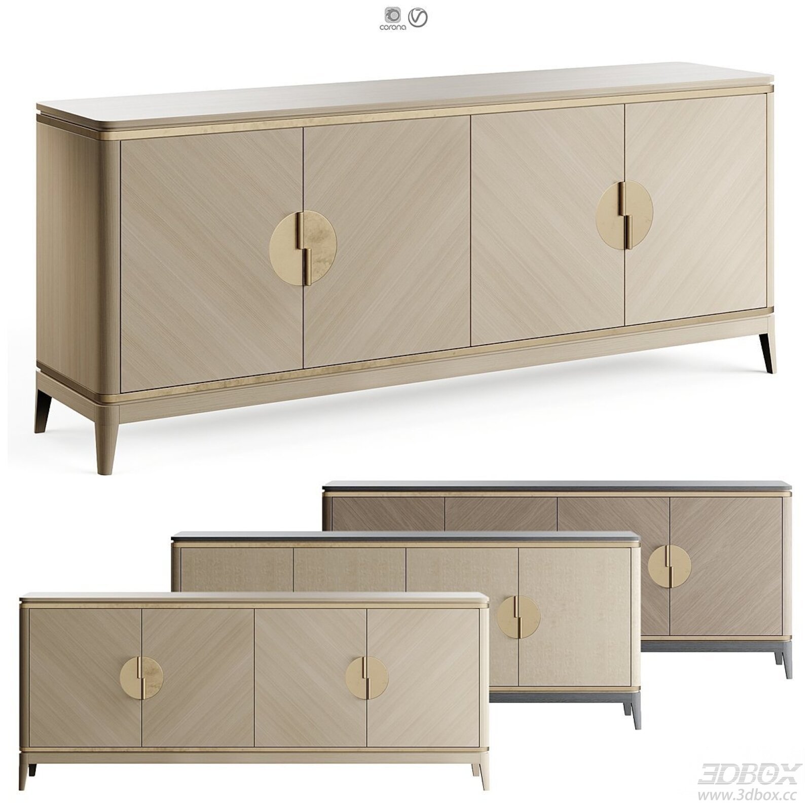 Luxury Light Wood Sideboard with Brass Handles 3D model - front view