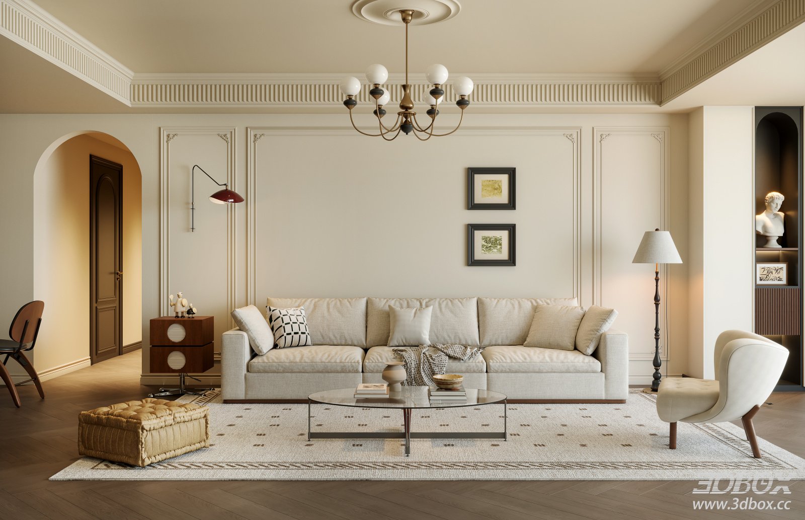 French Vintage Mid-century Modern Living Room Interior Scene 3D model - front view