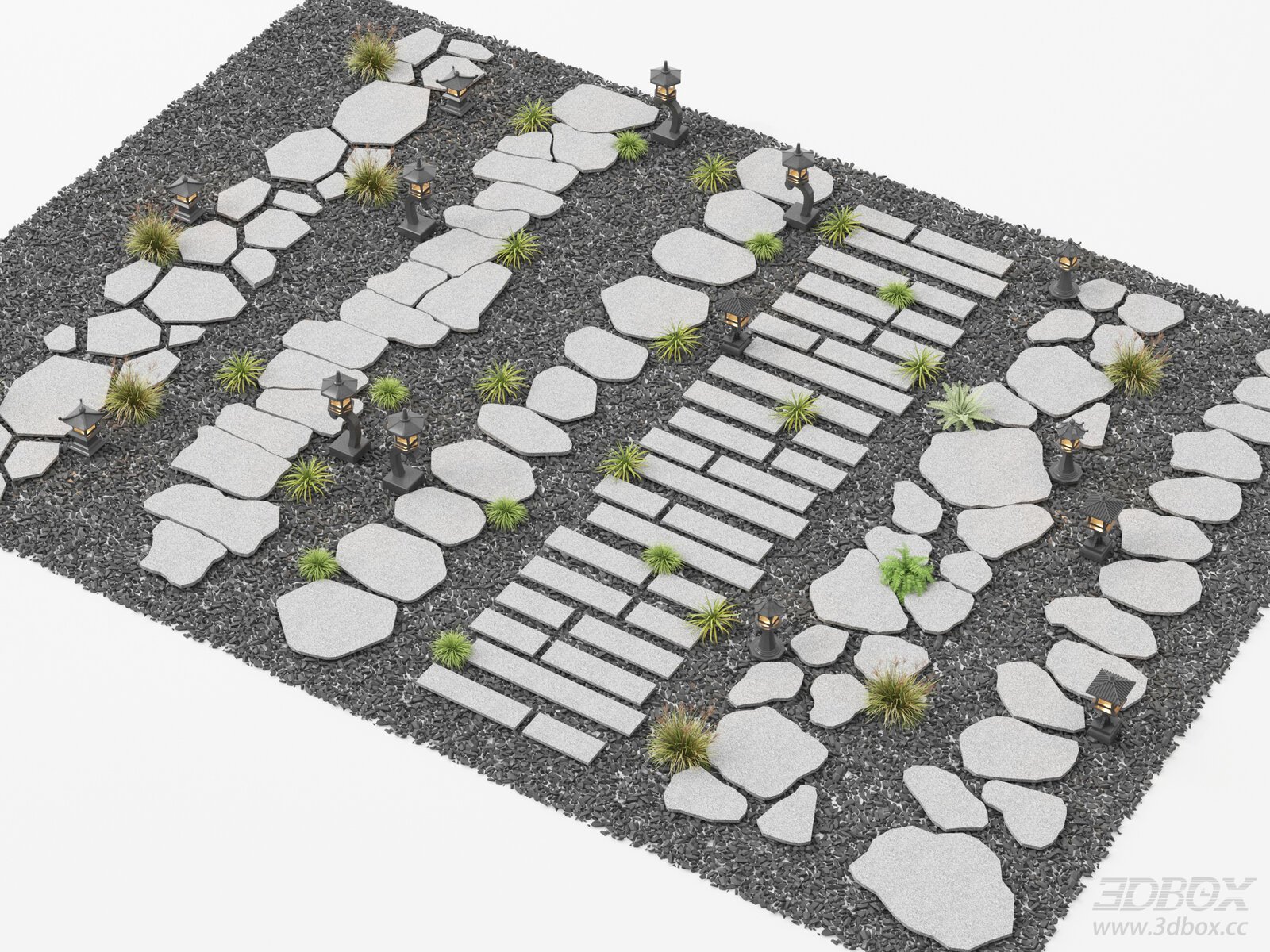 New Chinese Style Zen Garden Stepping Stone Paving Path 3D model - front view