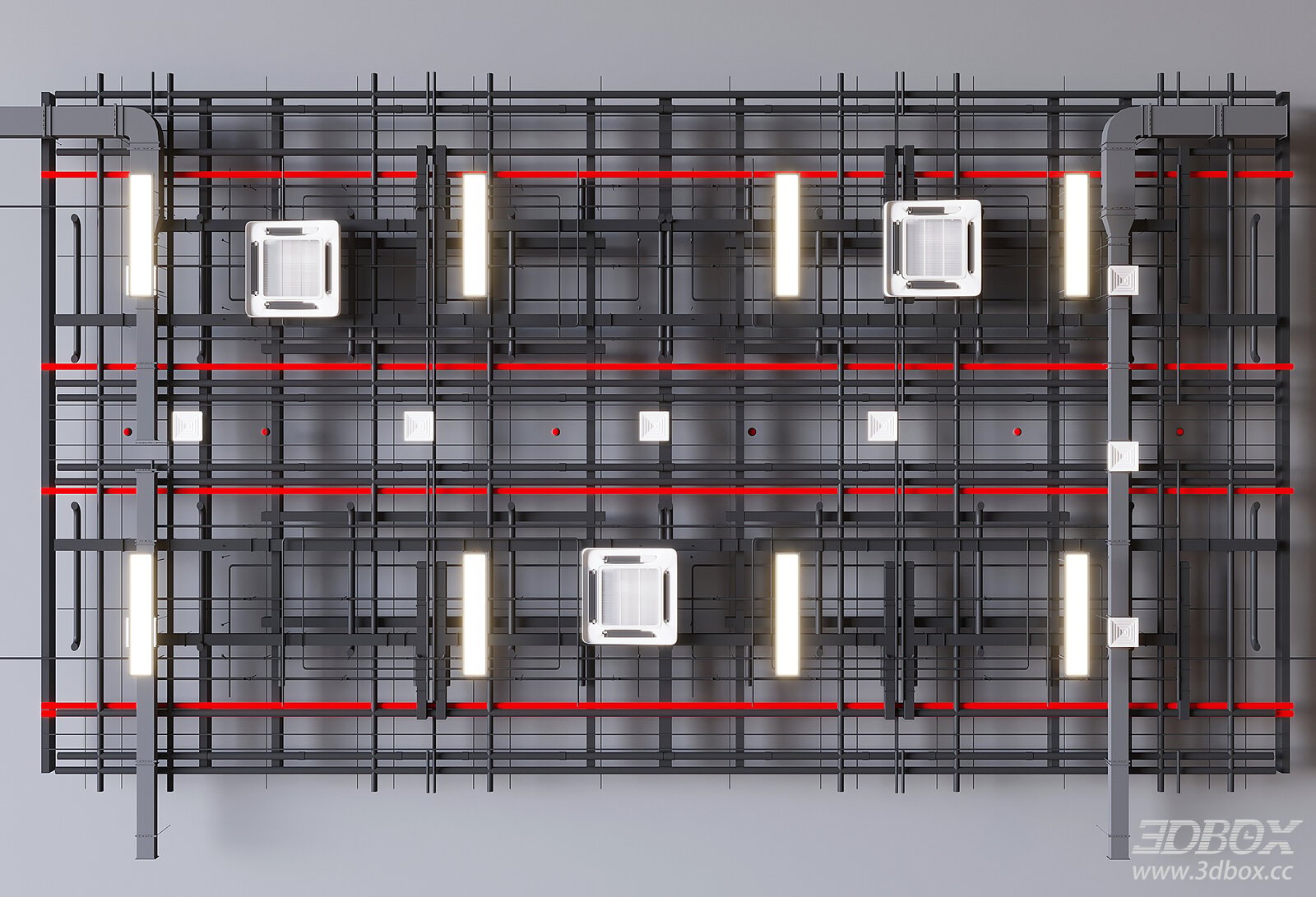 Industrial Exposed Ceiling HVAC Pipe Lighting System 3D model - front view