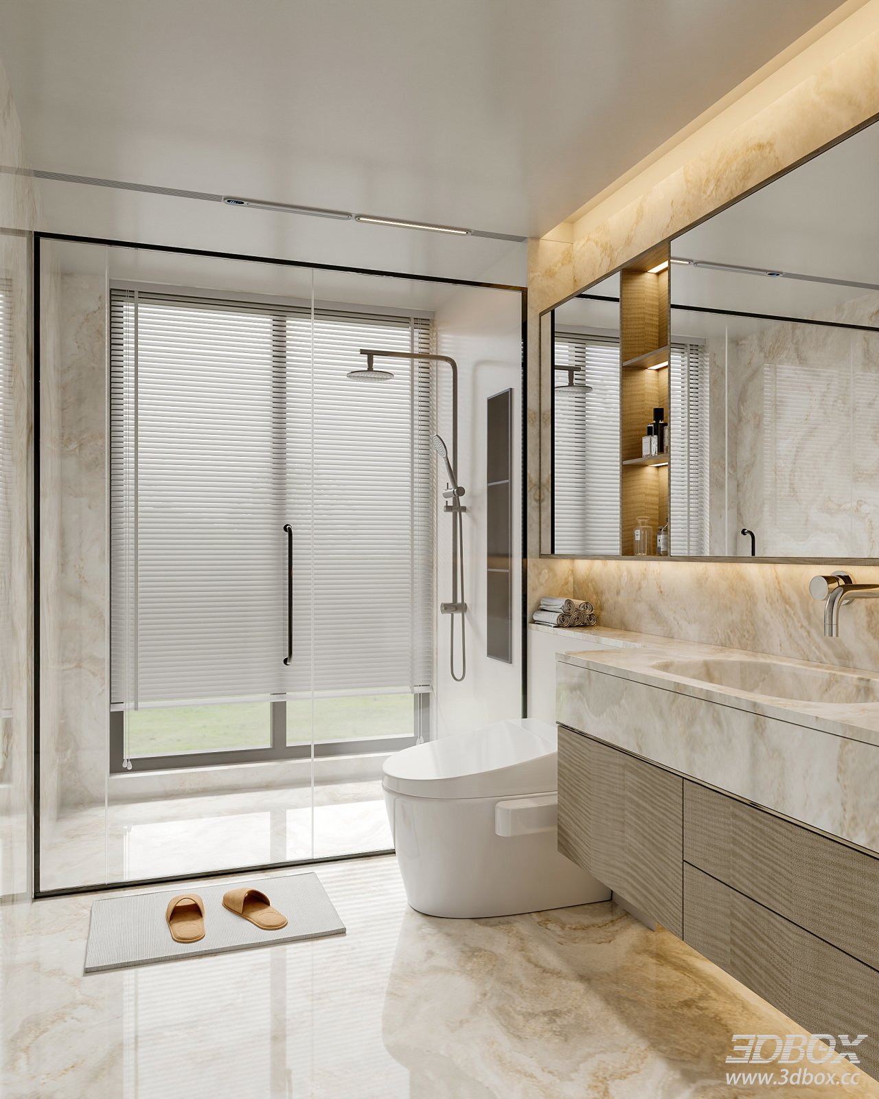 Modern Luxury Marble Bathroom Scene with Smart Toilet 3D model - front view