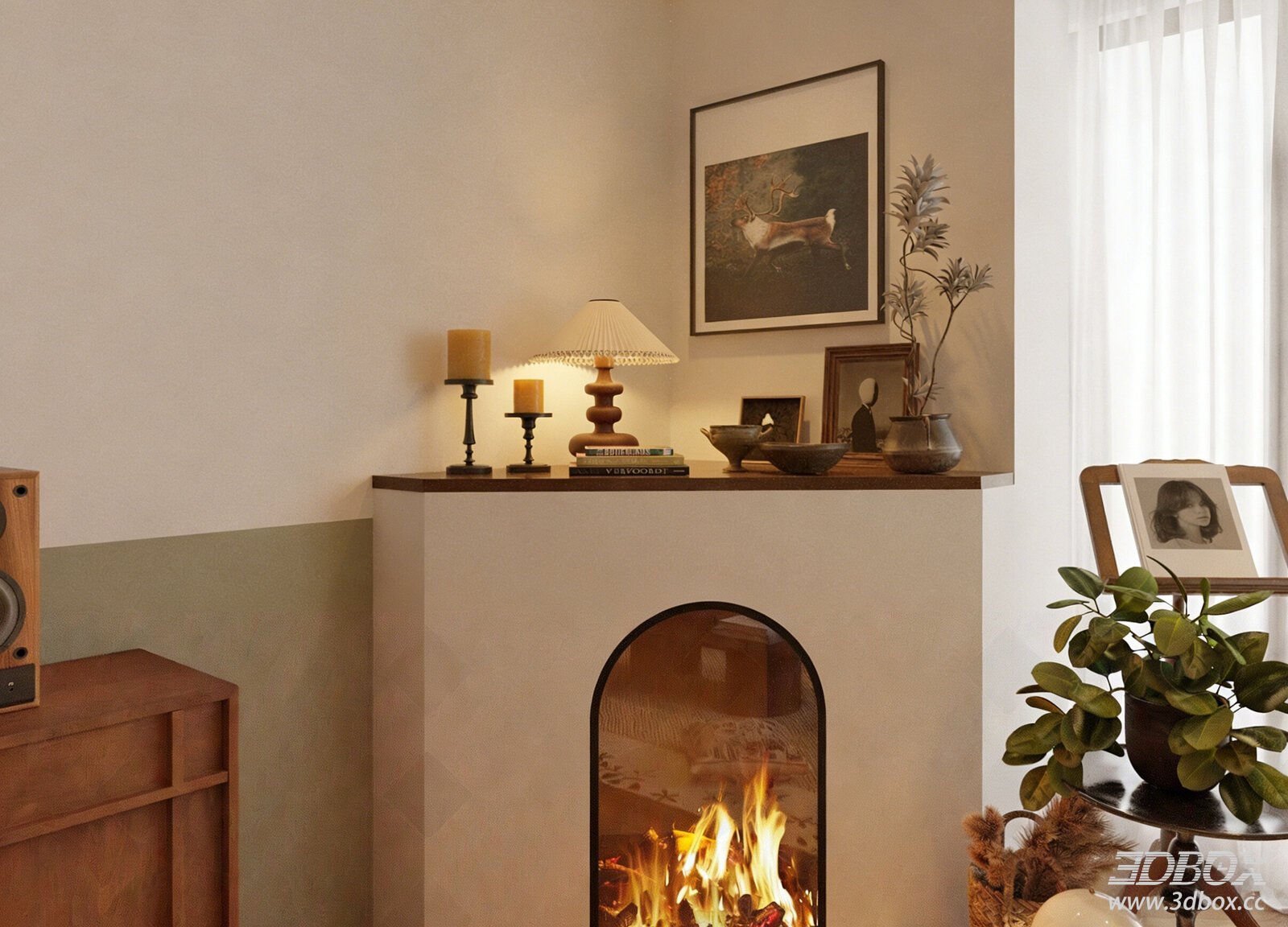 Vintage Retro Corner Fireplace Modern Interior Decor 3D model - front view