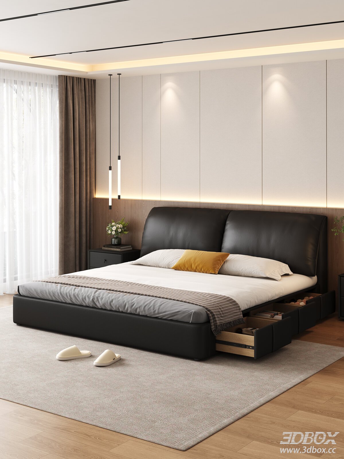 Modern Minimalist Leather Double Bed Bedroom Scene 3D model - front view