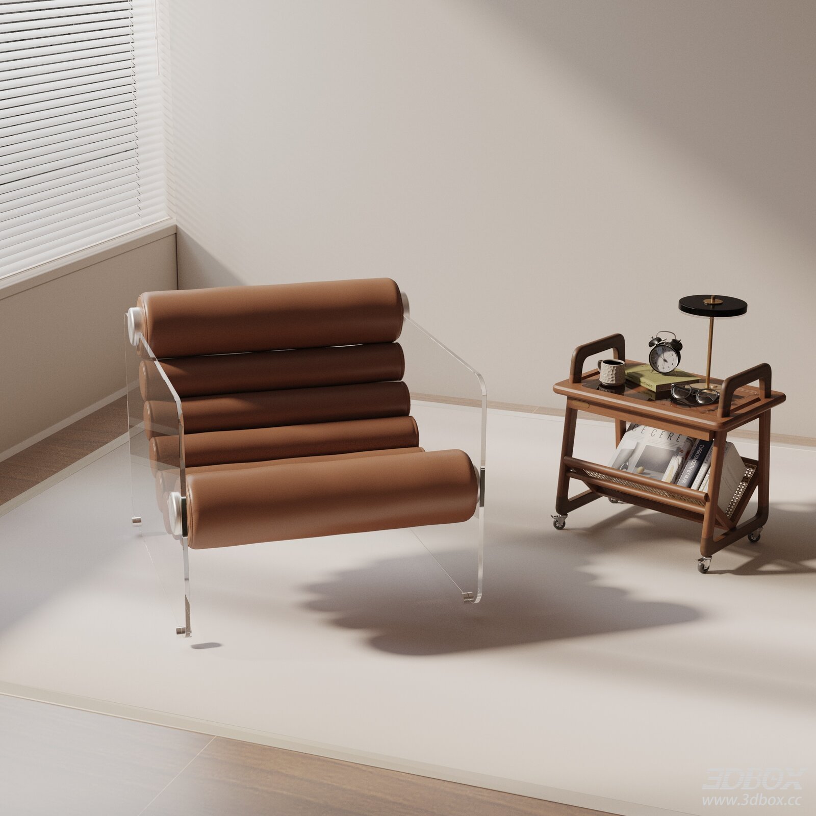 Modern Brown Leather Armchair with Acrylic Frame 3D model - front view