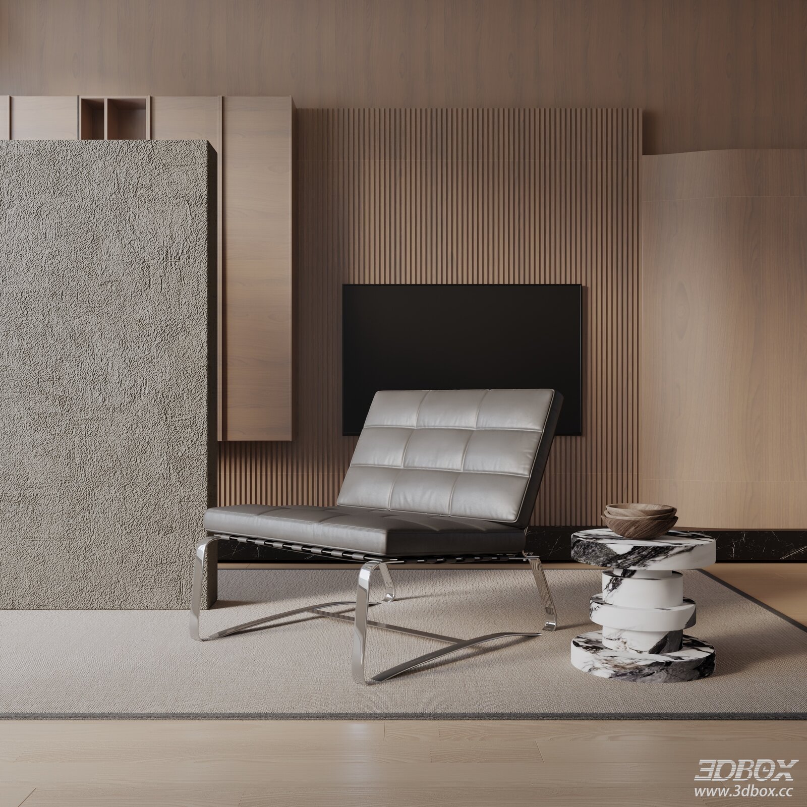 Modern Leather Lounge Armchair with Marble Side Table 3D model - front view