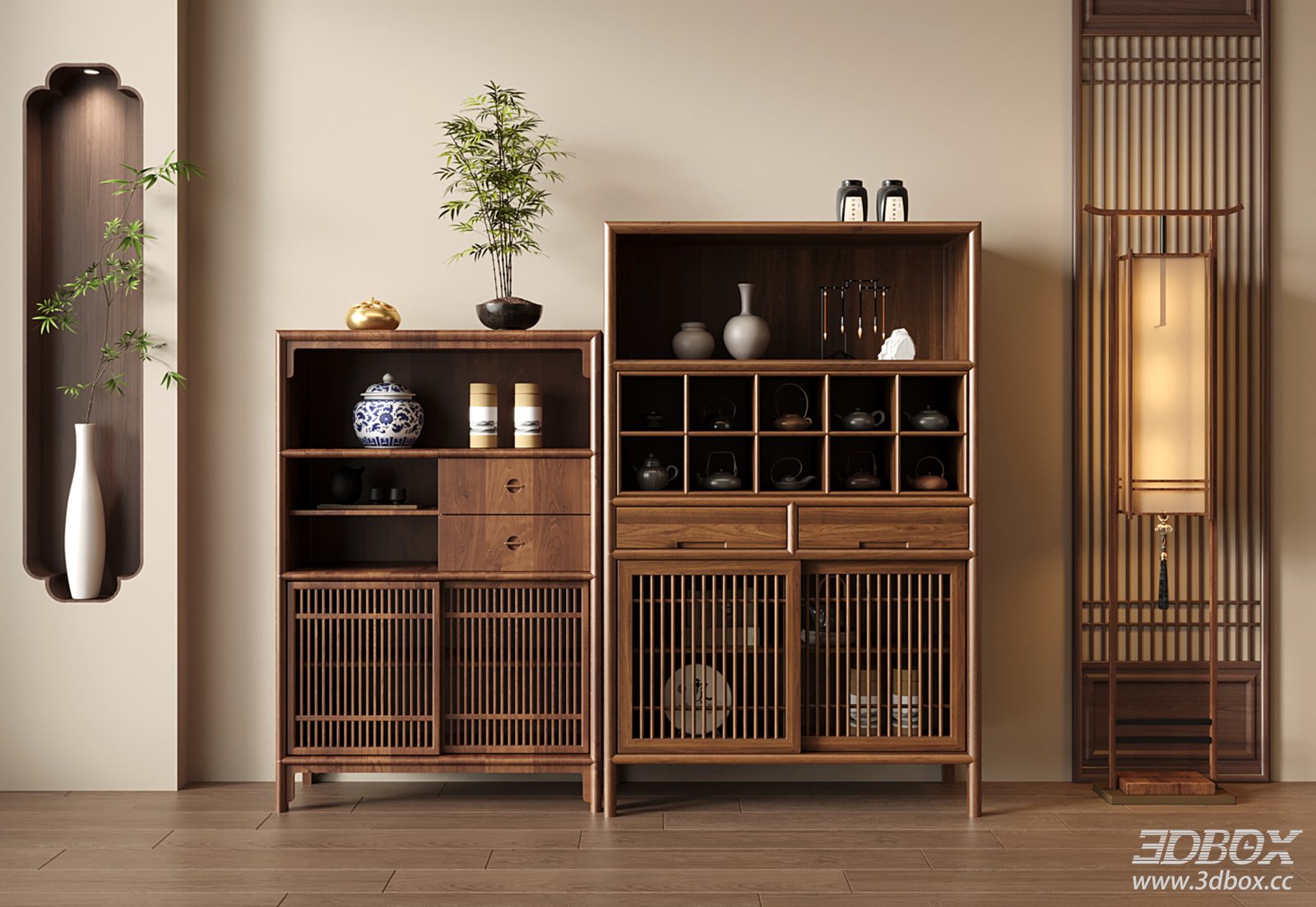New Chinese Style Wooden Display Storage Sideboard Set 3D model - front view