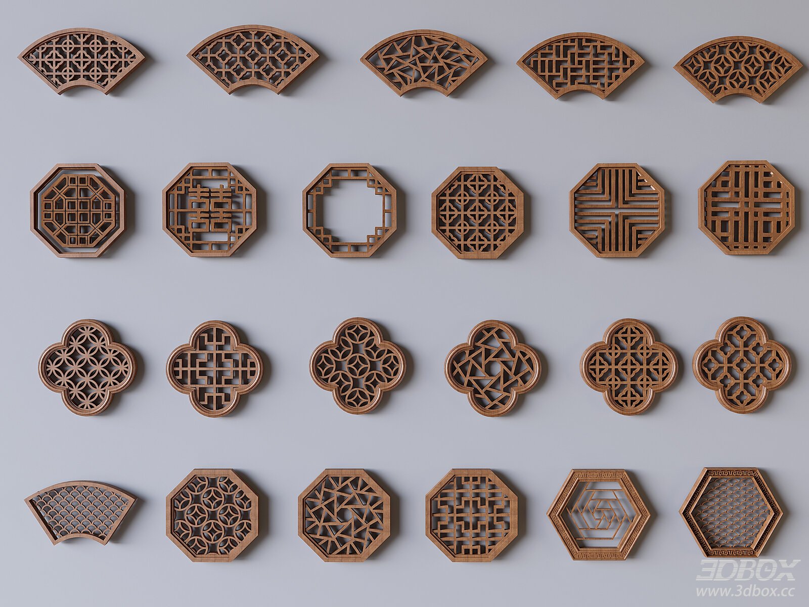 Chinese Style Carved Wooden Lattice Decorative Panels 3D model - front view