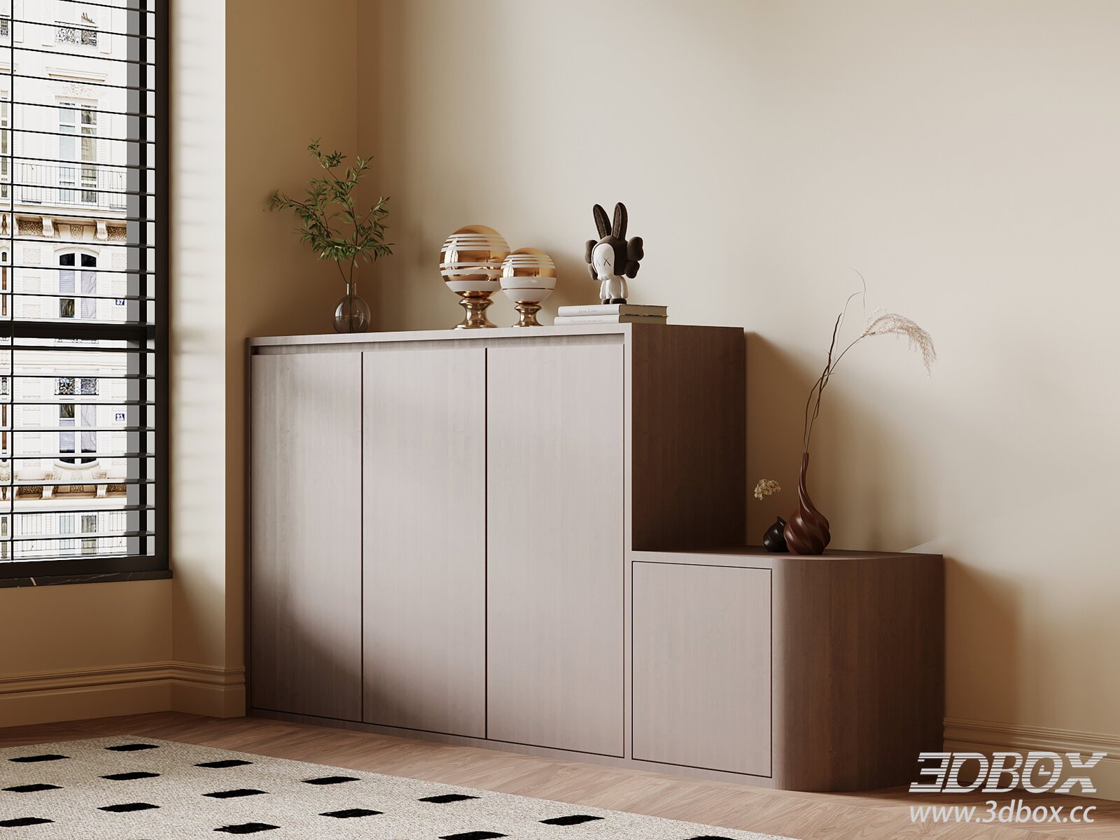 Modern Vintage Entryway Shoe Cabinet 3D model - thumbnail 1