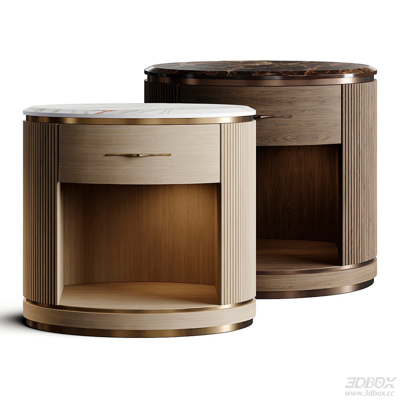 Luxury Marble Top Fluted Wooden Nightstand Side Cabinet 3D model - front view