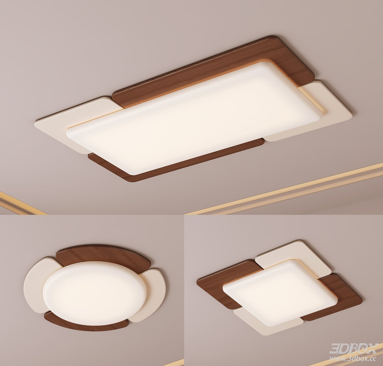 Mid Century Modern Wooden Flush Mount Ceiling Lamp Set 3D model - front view